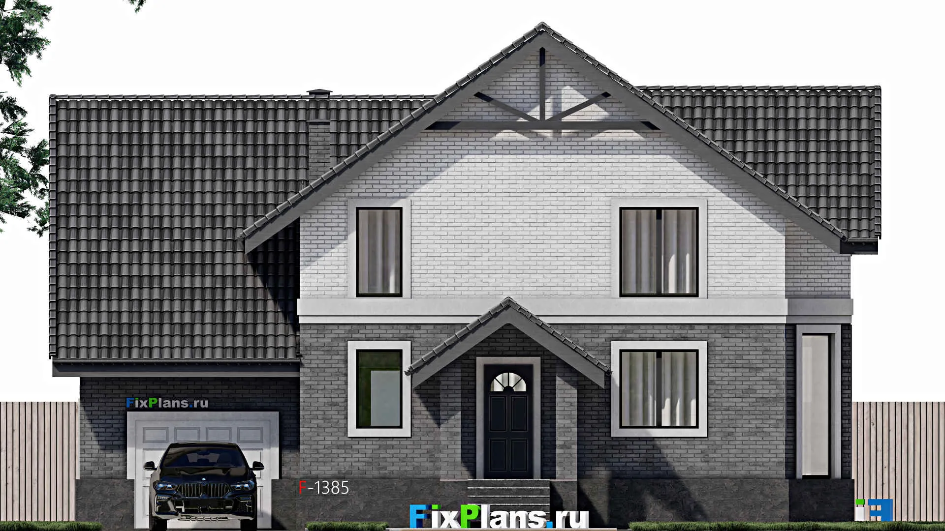 F-1385 - Планы дома с мансардой 12 на 15, площадью 330 м² с террасой, балконом, цокольным этажом, гаражом на 1 машину, спортзалом и 4 спальнями