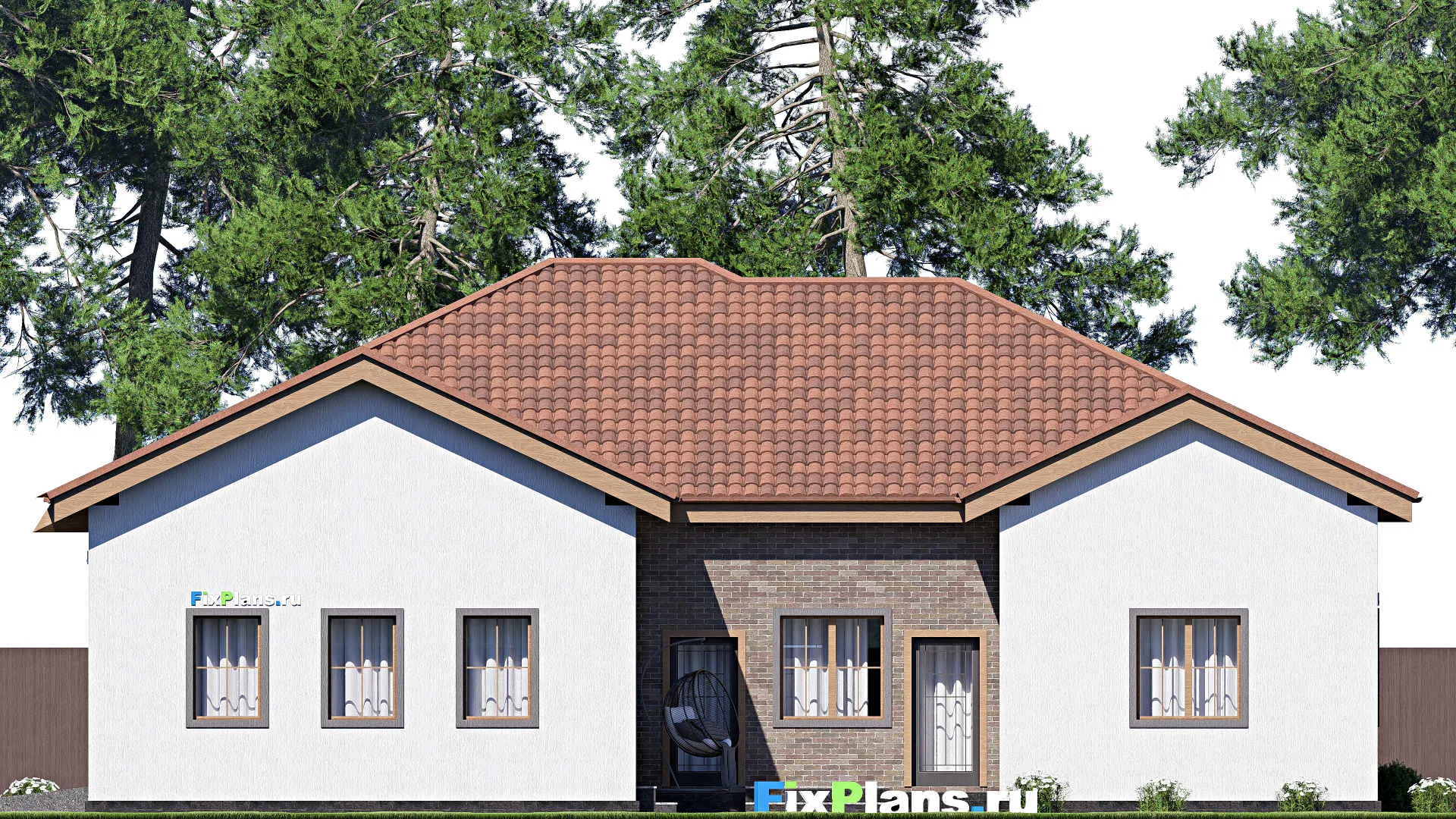 F-19871 - План одноэтажного дома 18 на 20, площадью 250 м² с террасой, гаражом на 2 машины и 3 спальнями