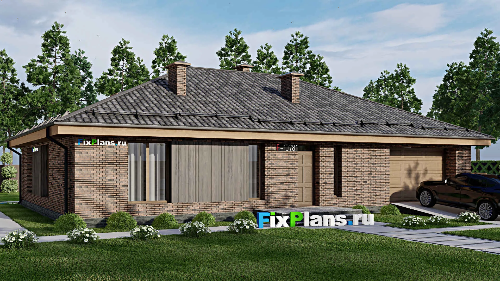 F-10781 - Проект одноэтажного дома 15 на 18, площадью 180 м² с гаражом на 2 машины и 2 спальнями