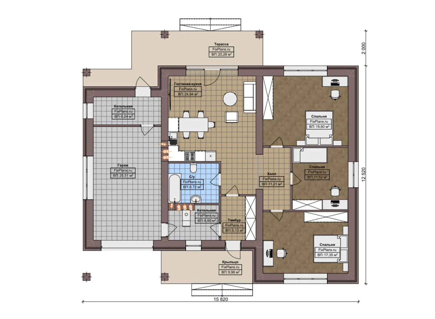 F-8045 - План одноэтажного дома 13 на 16, площадью 170 м² с террасой, гаражом на 1 машину и 3 спальнями
