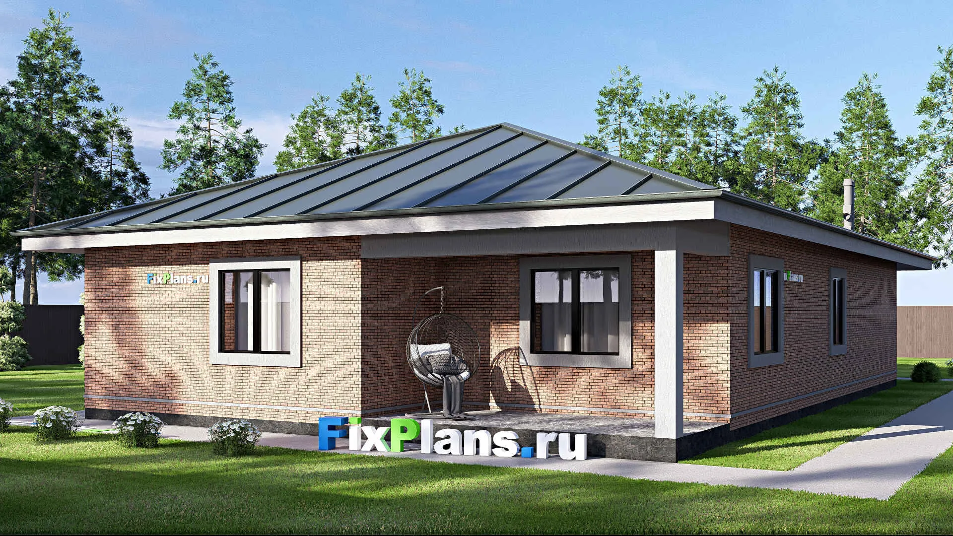 F-20213 - План одноэтажного дома 12 на 21, площадью 200 м² с террасой, гаражом на 2 машины и 3 спальнями