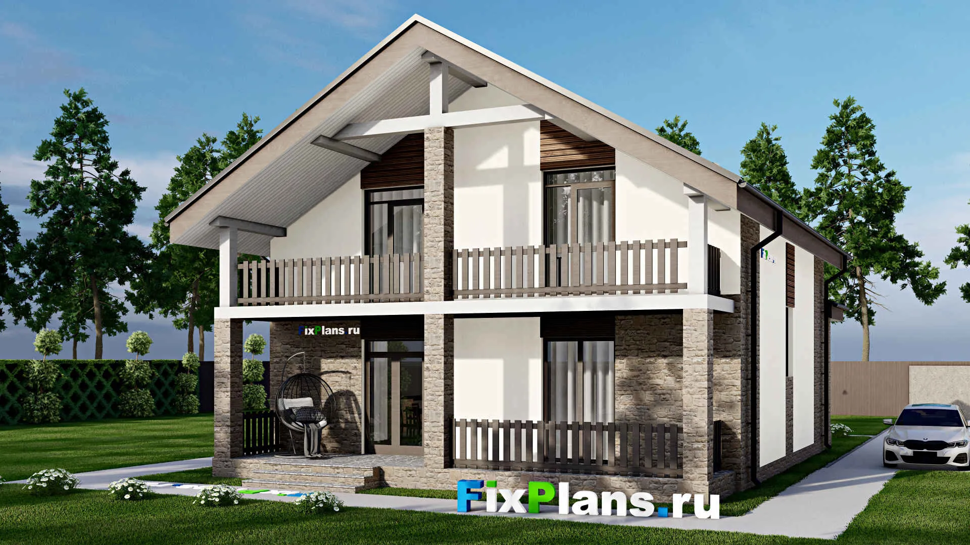 F-5975 - Проект дома с мансардой 11 на 11, площадью 210 м² с террасой, балконом и 3 спальнями