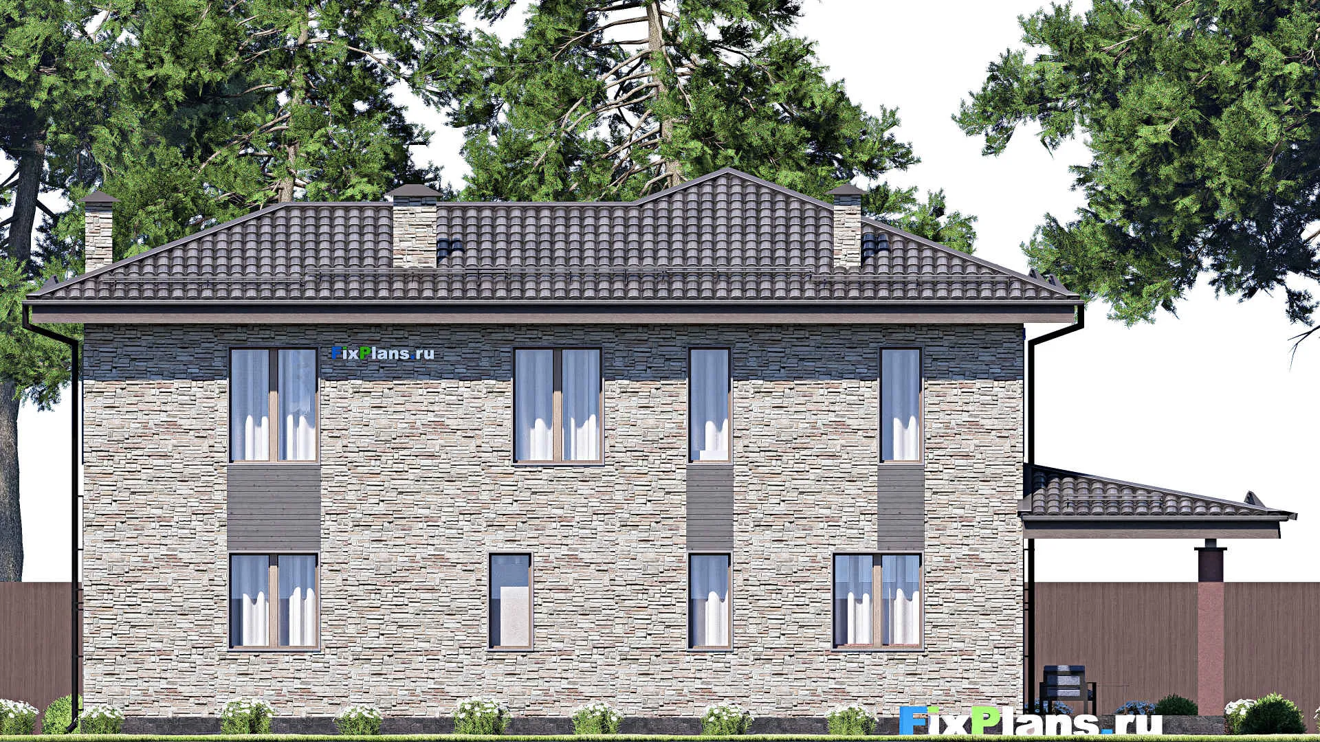 F-12491 - Проект двухэтажного дома 12 на 18, площадью 260 м² с террасой, балконом, гаражом на 1 машину и 3 спальнями