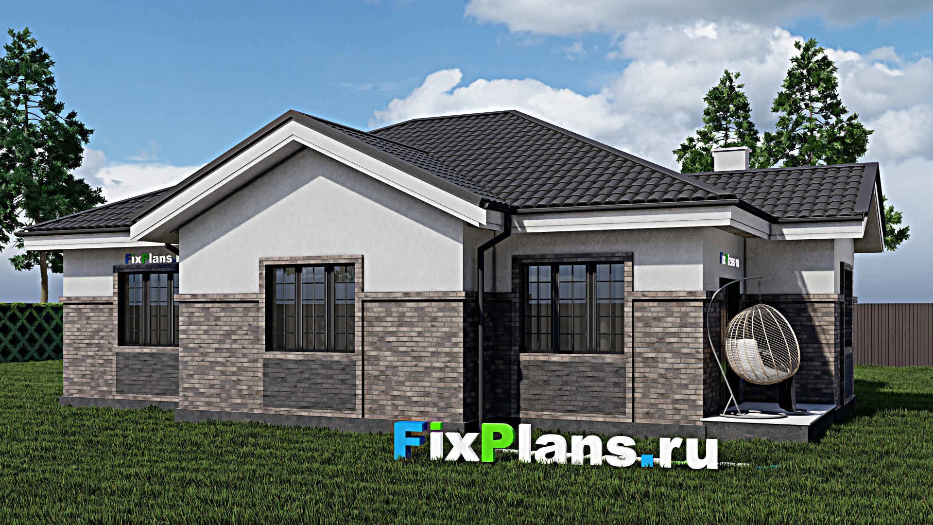 F-0836 - Проект одноэтажного дома 14 на 15, площадью 130 м² с террасой и 3 спальнями