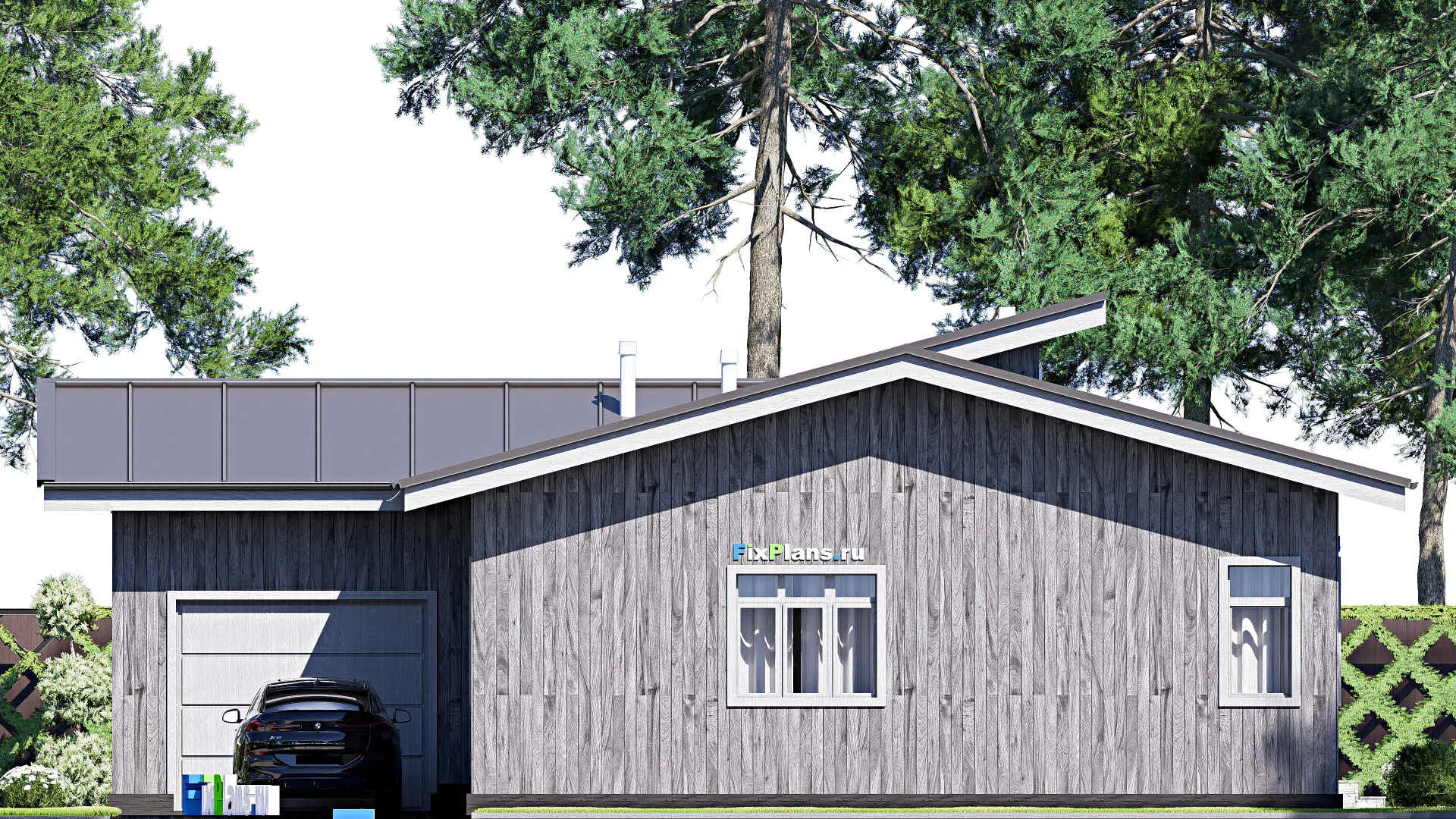 F-20393 - План одноэтажного дома 15 на 18, площадью 180 м² с террасой, гаражом на 1 машину и 3 спальнями