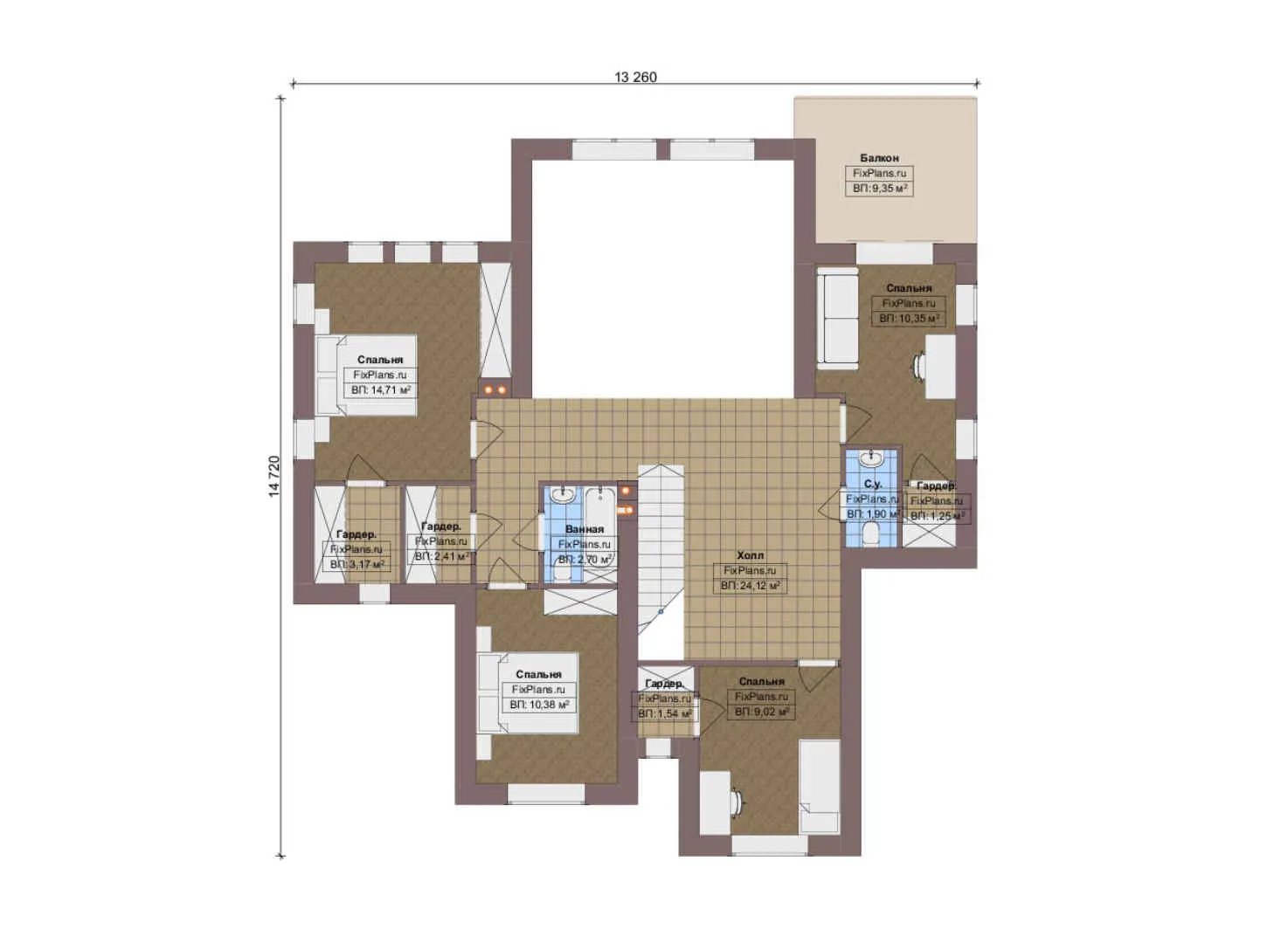 F-20411 - Планы дома с мансардой 14 на 15, площадью 240 м² с террасой, балконом, гаражом на 1 машину и 5 спальнями