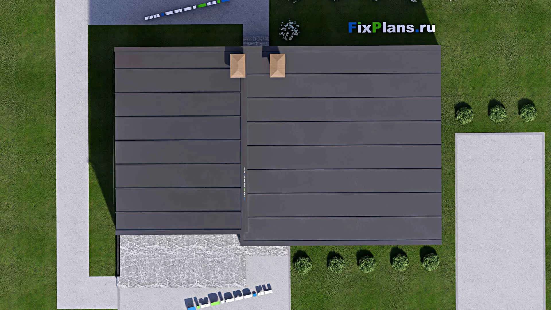 F-14444 - План одноэтажного дома 11 на 15, площадью 120 м² с террасой и 2 спальнями