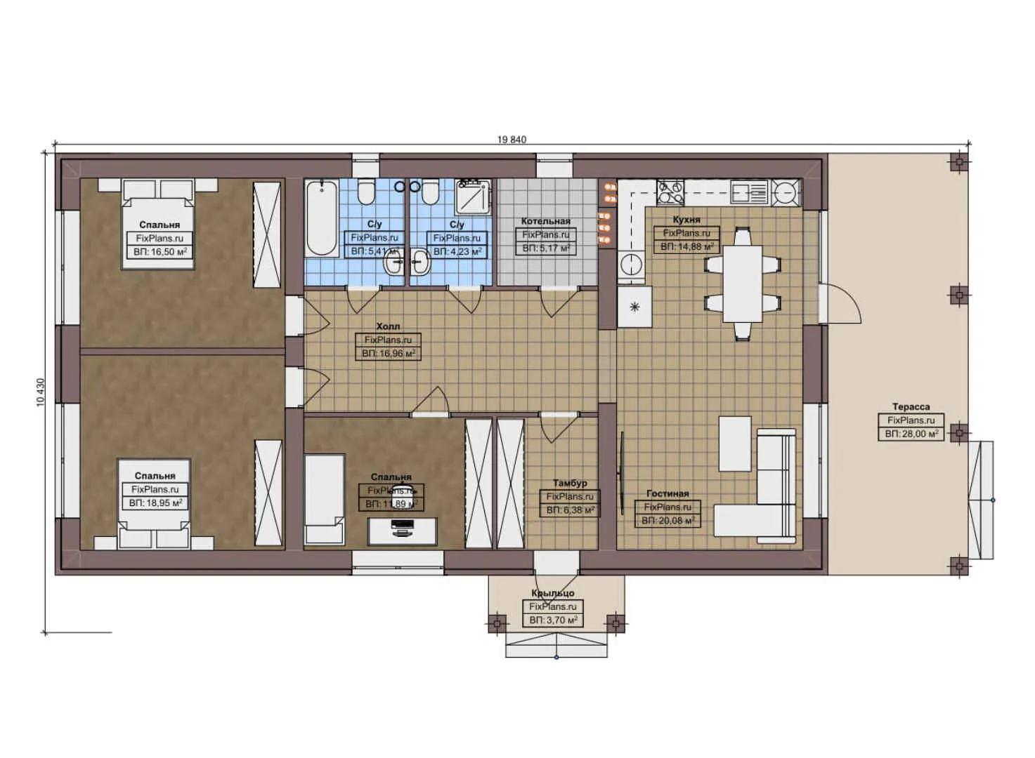 F-9611 - План одноэтажного дома 11 на 20, площадью 160 м² с террасой и 3 спальнями