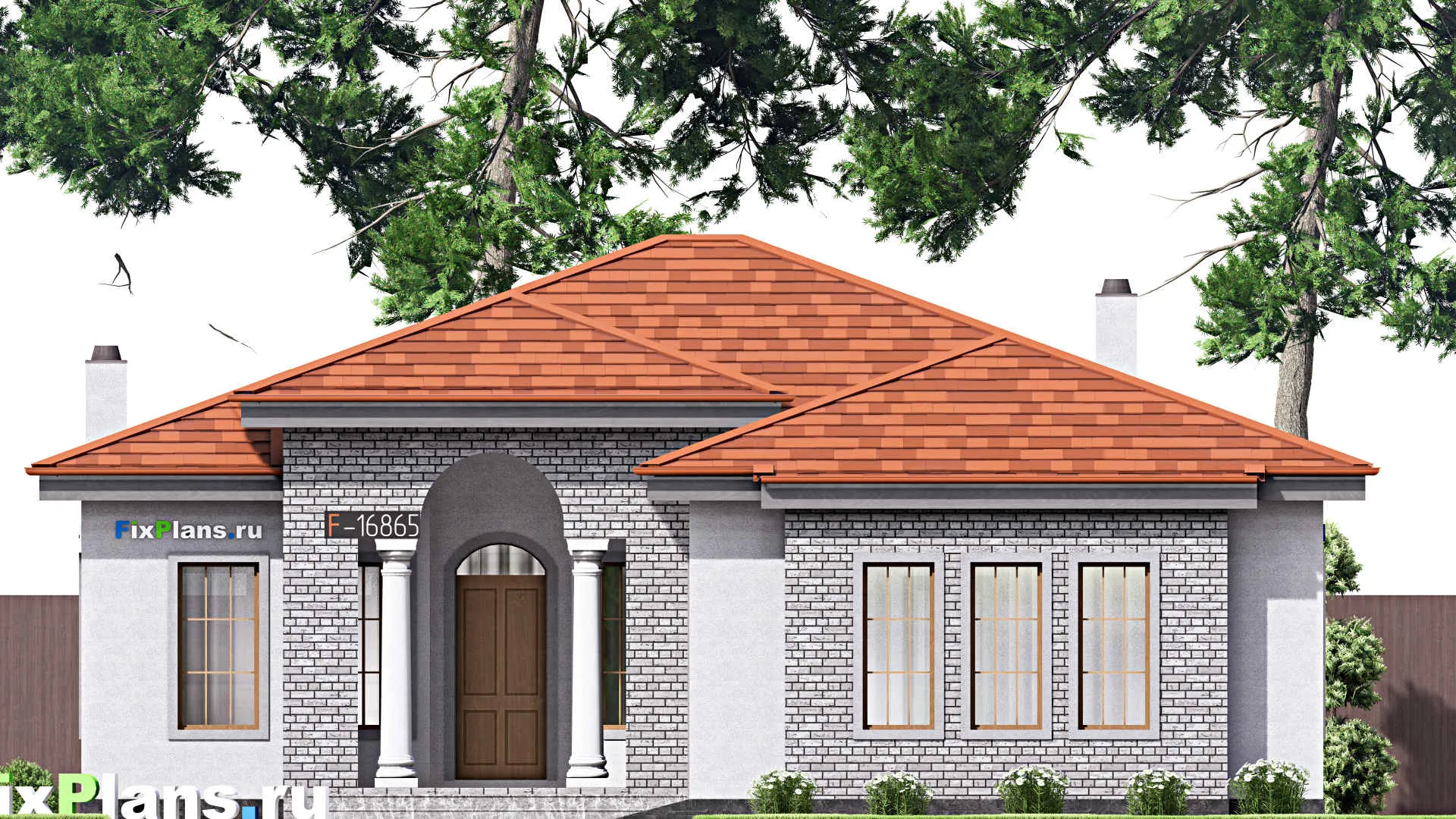 F-16865 - Проект одноэтажного дома 13 на 20, площадью 170 м² с террасой, гаражом на 2 машины и 2 спальнями