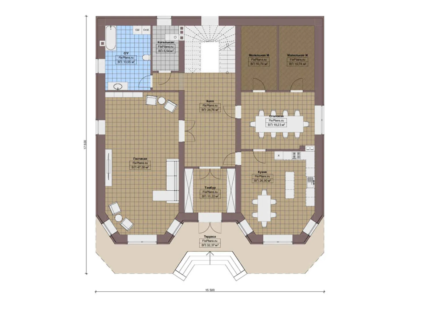 F-19331 - Планы двухэтажного дома 16 на 18, площадью 380 м² с террасой, балконом и 4 спальнями
