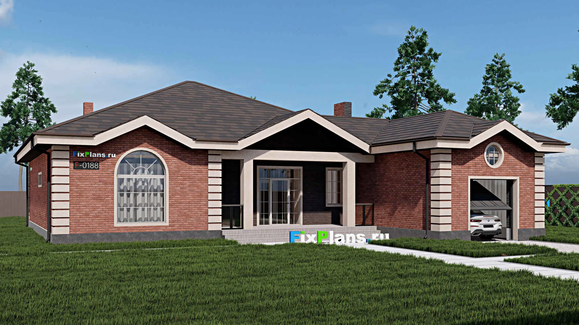 F-0188 - Проект одноэтажного дома 19 на 19, площадью 210 м² с террасой, гаражом на 1 машину и 2 спальнями