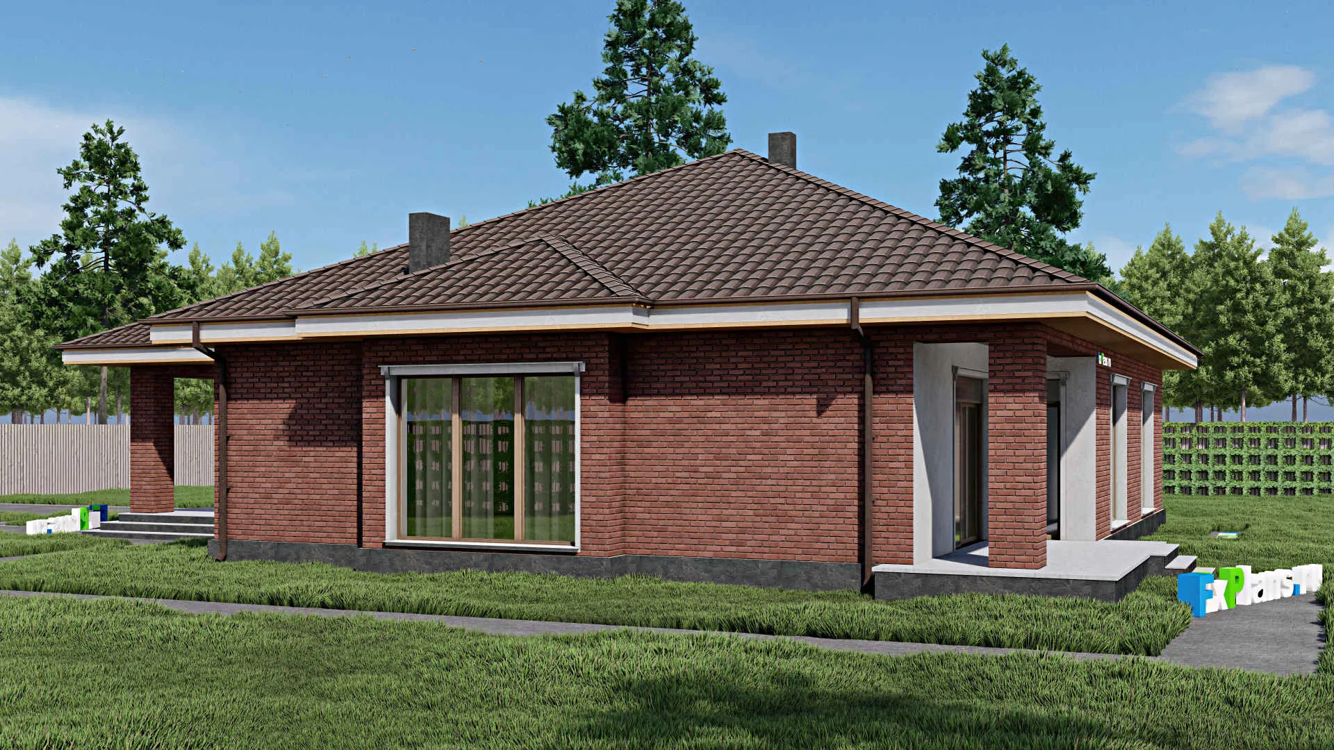 F-0458 - Проект одноэтажного дома 16 на 20, площадью 450 м² с террасой, гаражом на 2 машины и 6 спальнями