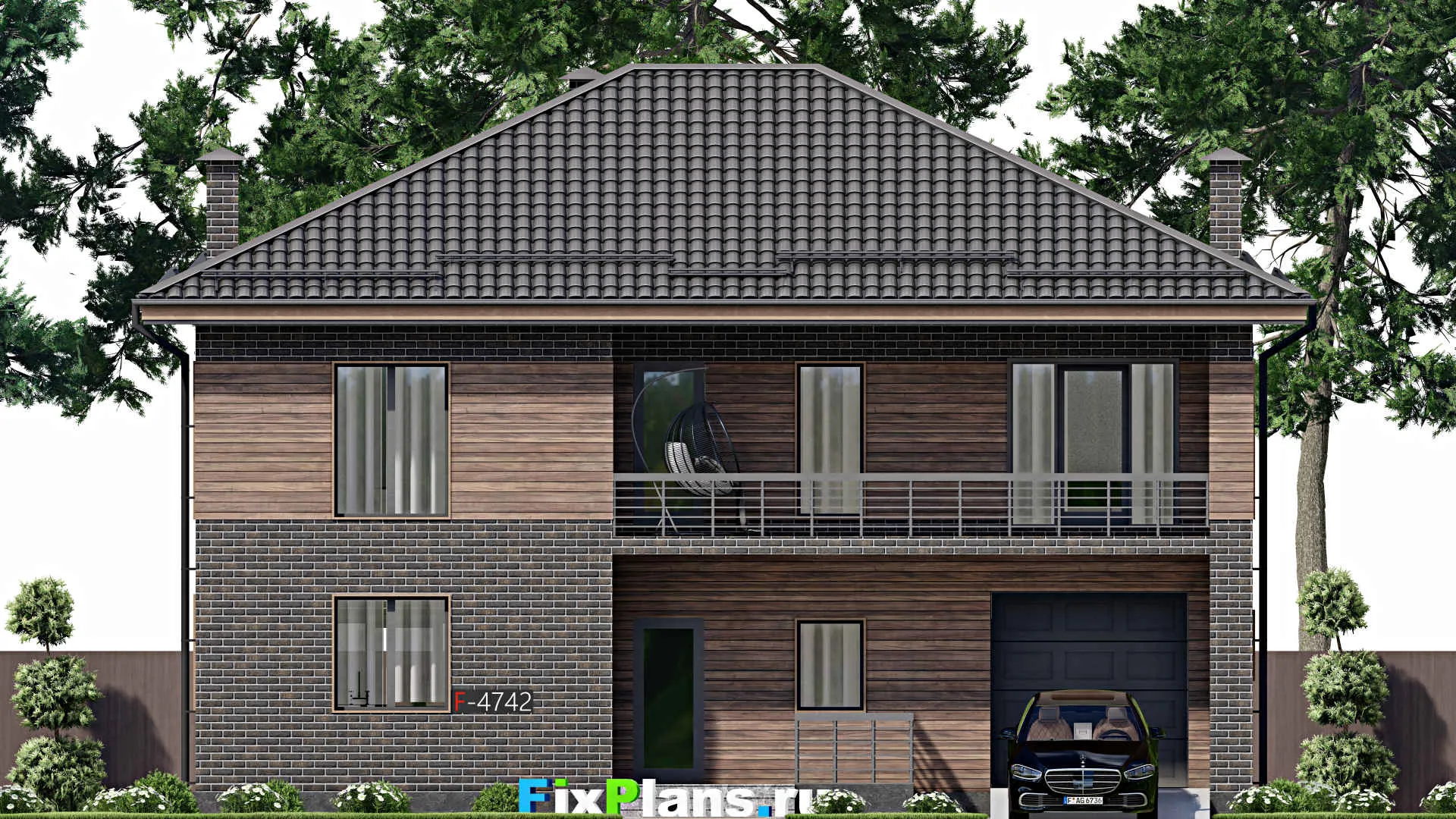 F-4742 - Планы двухэтажного дома 11 на 14, площадью 230 м² с балконом, гаражом на 1 машину и 4 спальнями