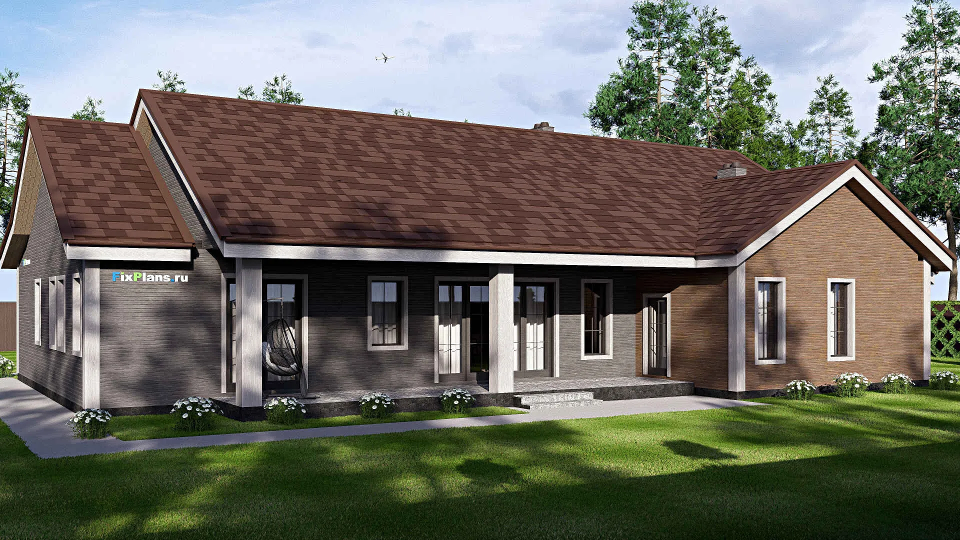 F-17126 - Проект одноэтажного дома 18 на 23, площадью 270 м² с террасой, гаражом на 2 машины и 4 спальнями