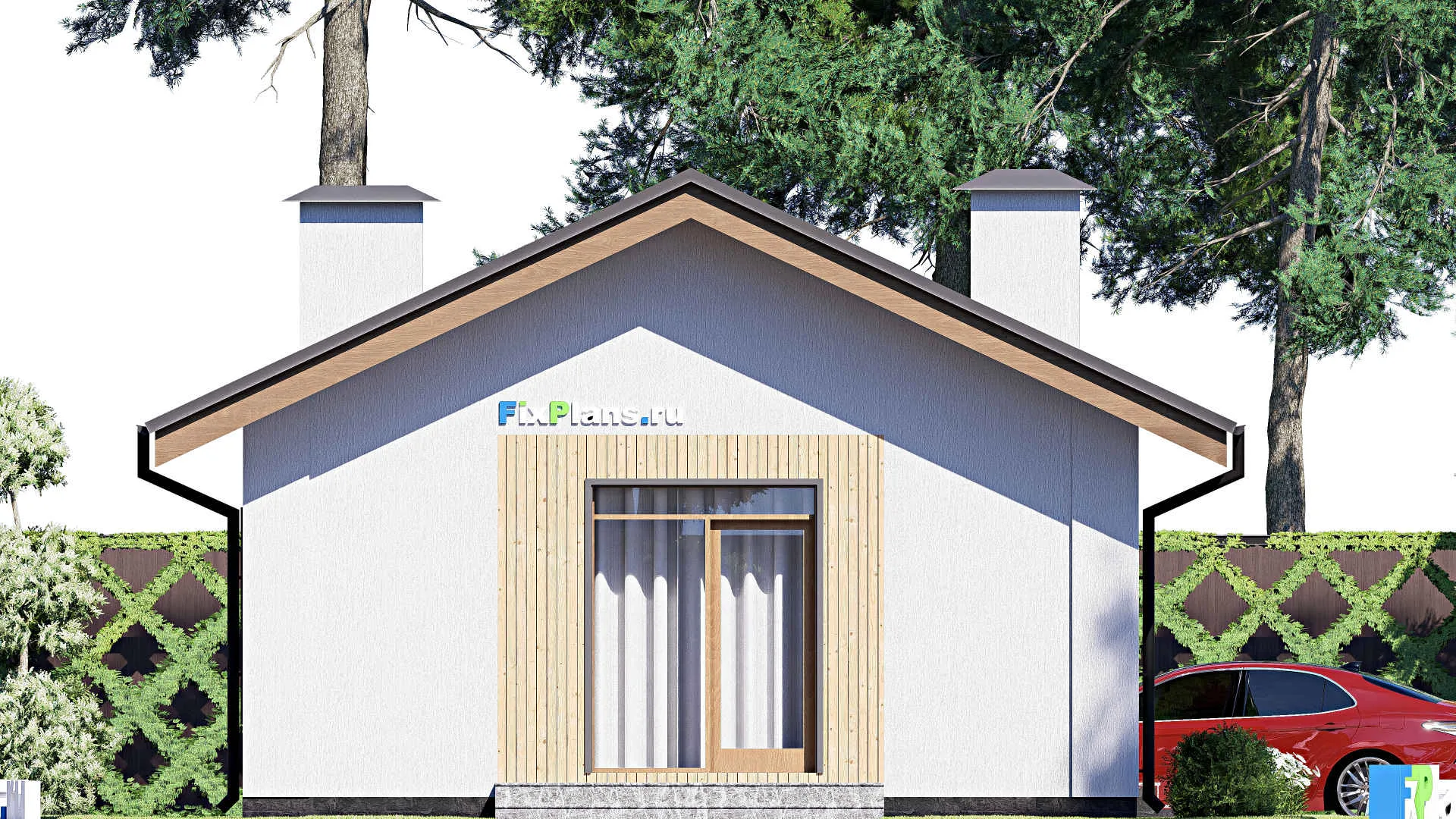 F-17936 - Проект одноэтажного дома 8 на 14, площадью 80 м² с террасой и 2 спальнями