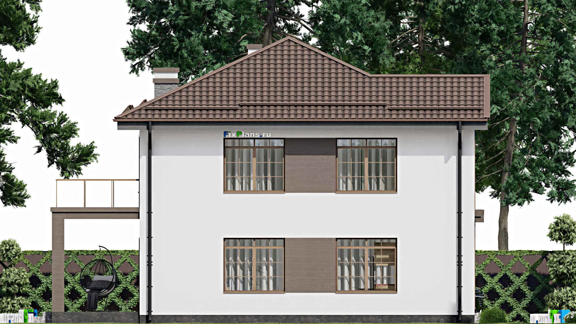 F-5624 - Планы двухэтажного дома 11 на 14, площадью 200 м² с террасой, балконом и 4 спальнями