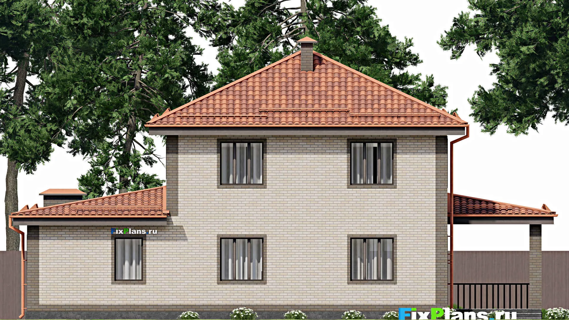 F-7397 - Проект двухэтажного дома 11 на 18, площадью 200 м² с террасой, гаражом на 1 машину и 3 спальнями