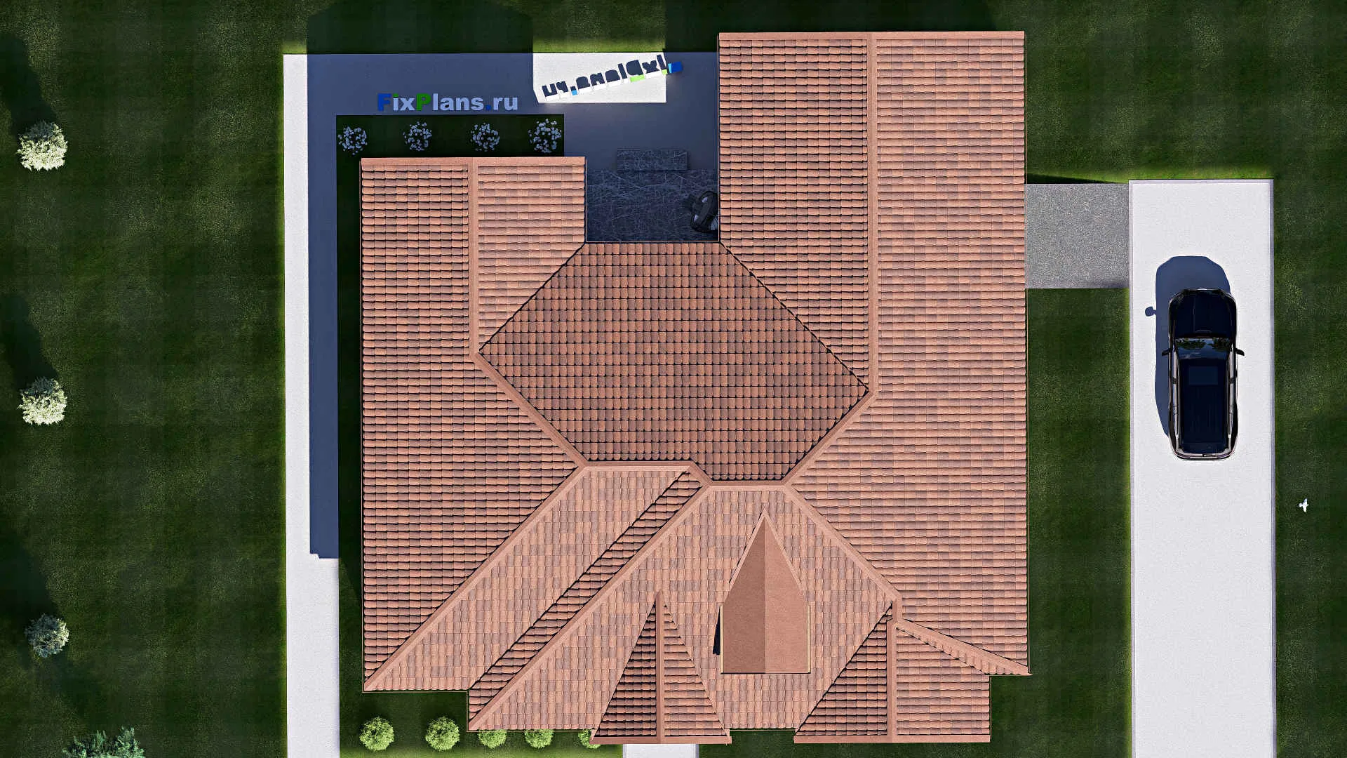F-19871 - План одноэтажного дома 18 на 20, площадью 250 м² с террасой, гаражом на 2 машины и 3 спальнями
