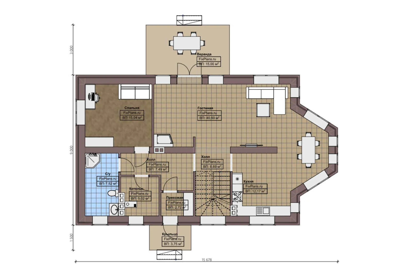 F-1241 - Планы дома с мансардой 9 на 16, площадью 220 м² с террасой, балконом и 4 спальнями