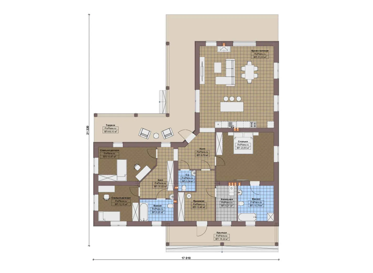 F-20897 - План одноэтажного дома 18 на 22, площадью 250 м² с террасой и 3 спальнями