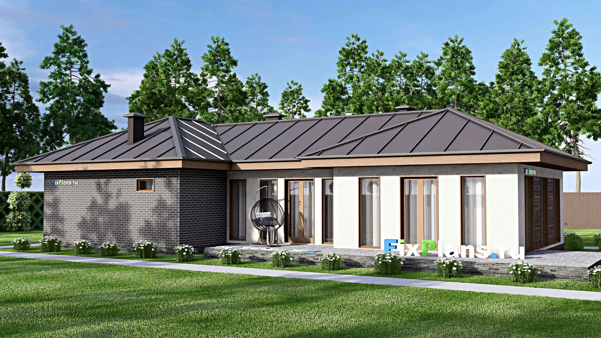 F-8171 - План одноэтажного дома 13 на 22, площадью 170 м² с террасой, бассейном и 3 спальнями