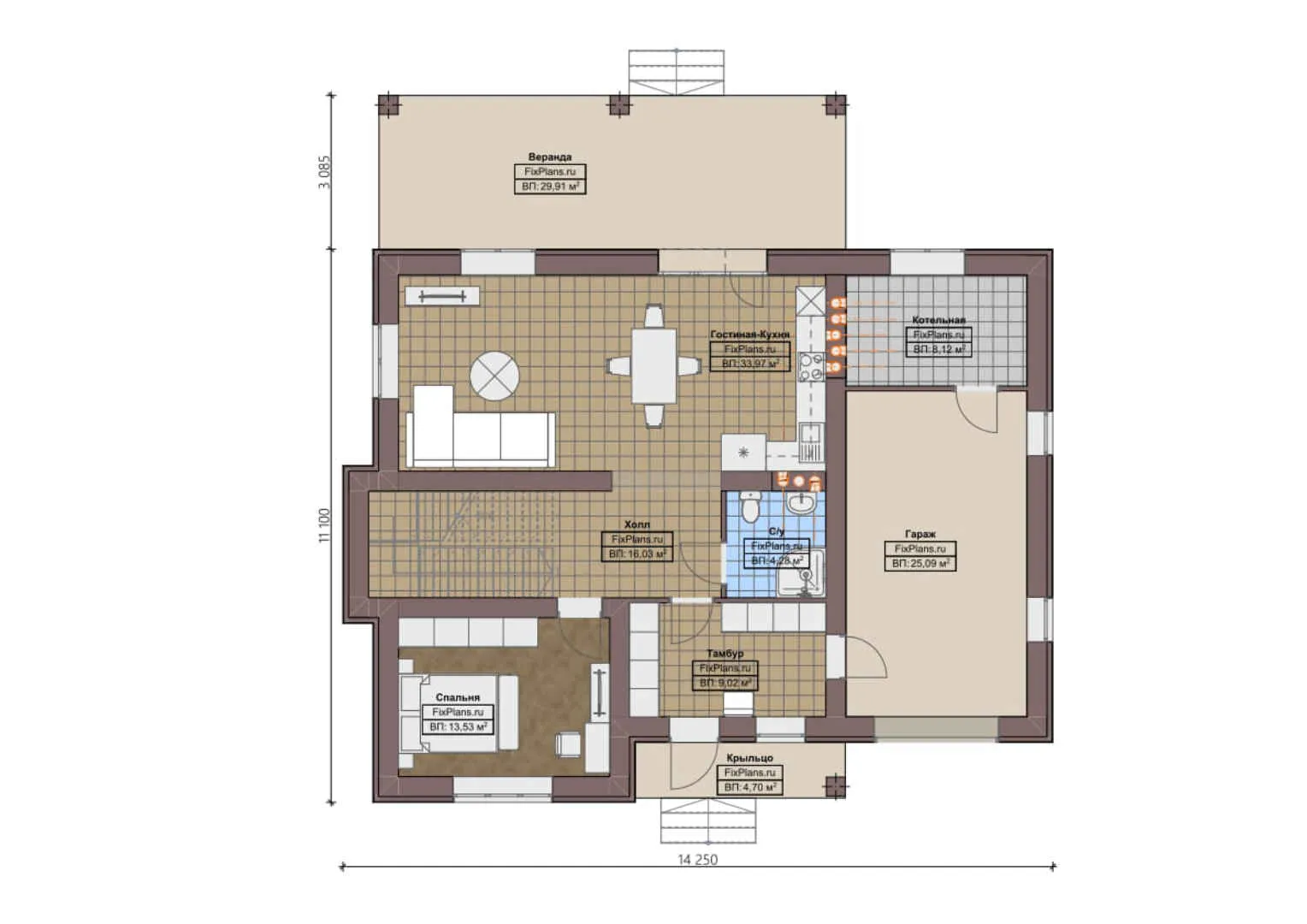 F-0278i - Планы двухэтажного дома 12 на 15, площадью 220 м² с террасой, гаражом на 1 машину и 3 спальнями
