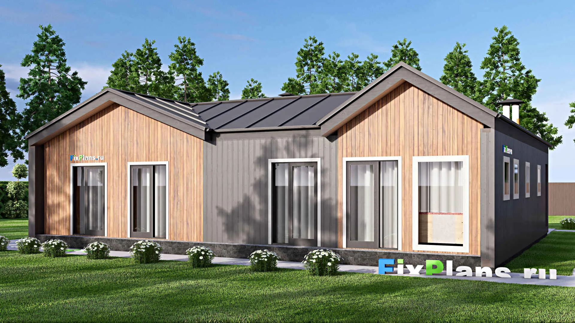 F-12752 - Проект одноэтажного дома 16 на 16, площадью 190 м² с террасой, баней и 3 спальнями