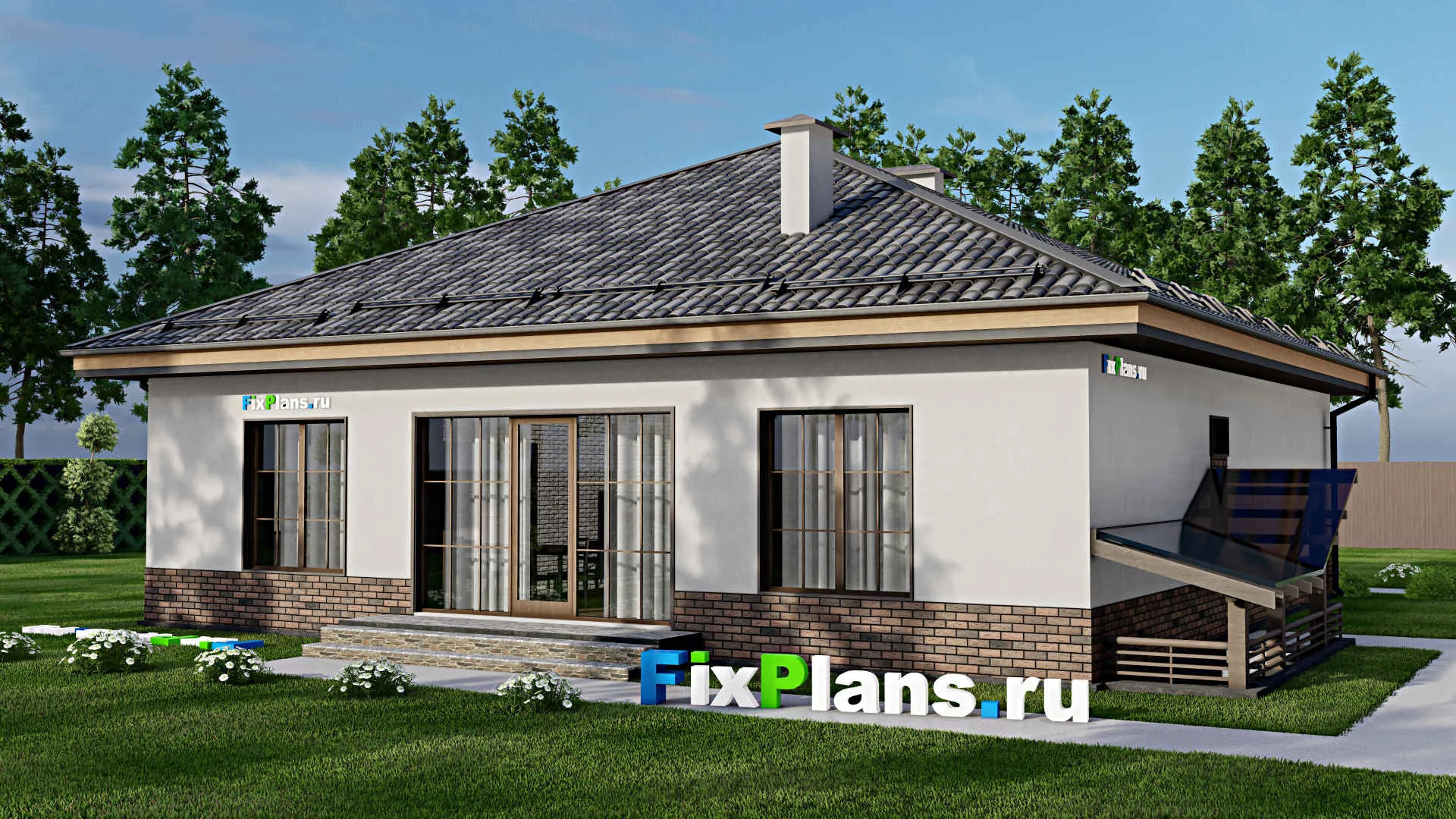 F-8981 - План одноэтажного дома 14 на 16, площадью 210 м² с террасой, цокольным этажом и 4 спальнями