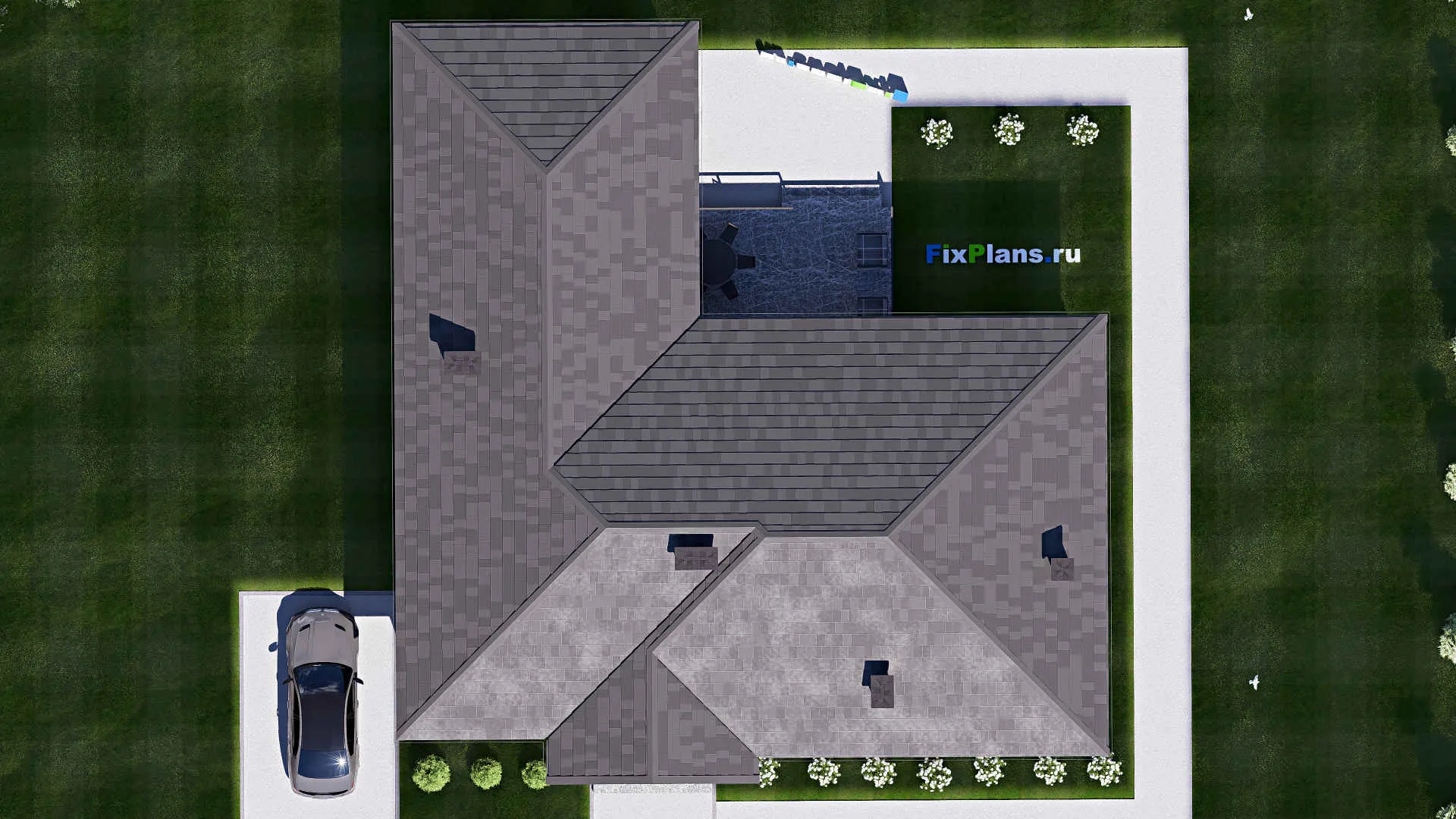 F-19619 - План одноэтажного дома 17 на 19, площадью 200 м² с террасой и 3 спальнями