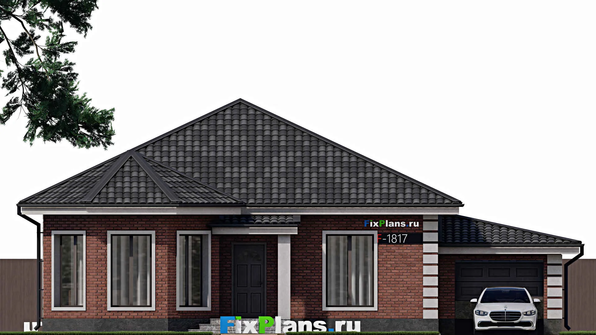 F-1817 - План одноэтажного дома 14 на 15, площадью 130 м² с гаражом на 1 машину и 3 спальнями