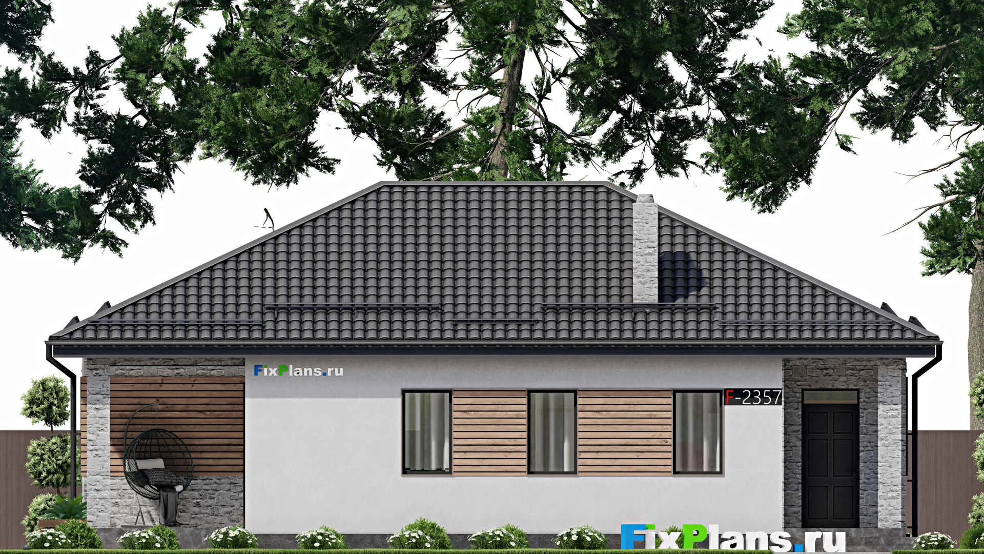 F-2357 - Проект одноэтажного дома 11 на 15, площадью 120 м² с террасой и 1 спальнями