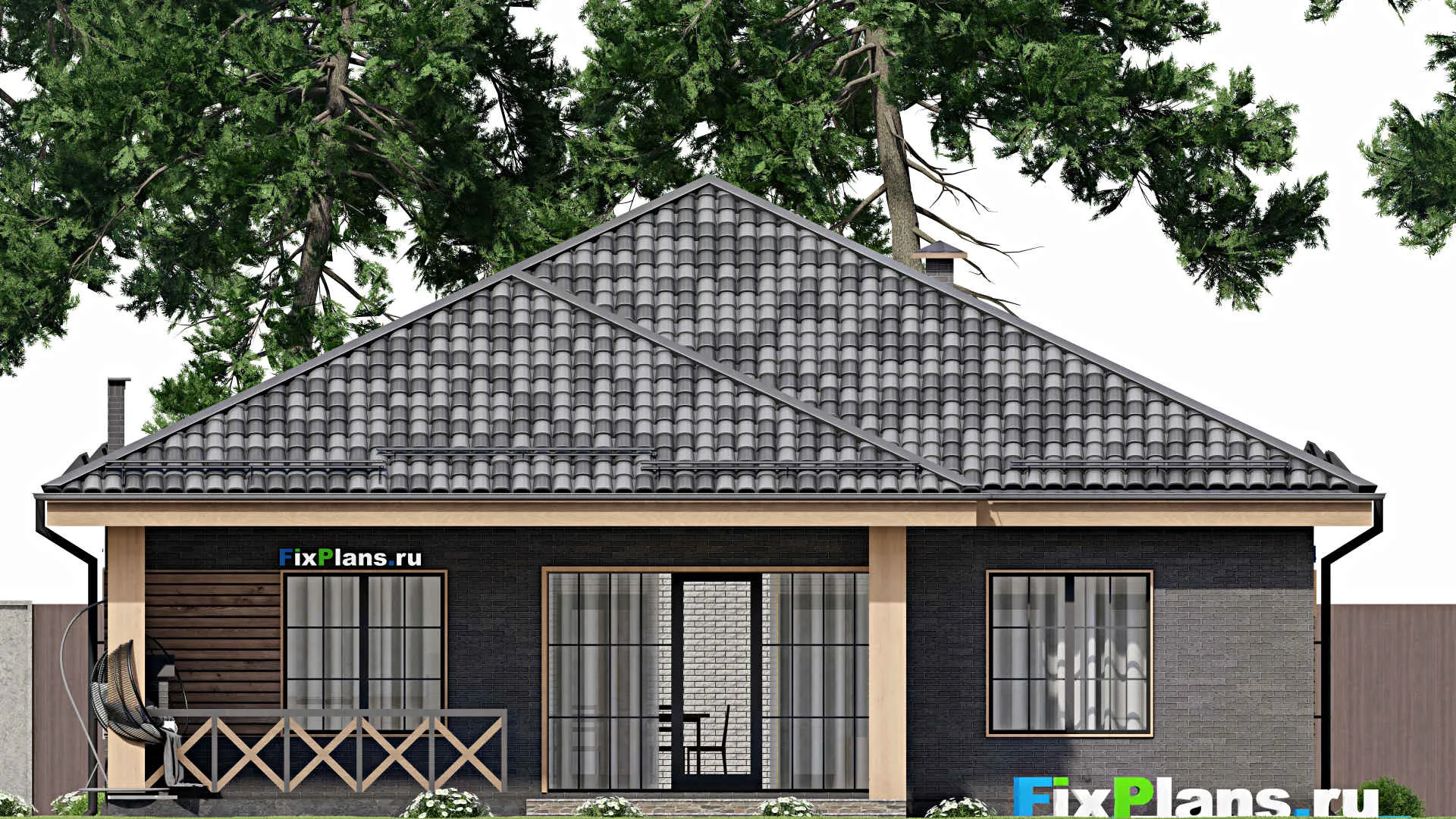 F-7829 - Проект одноэтажного дома 14 на 15, площадью 170 м² с террасой и 4 спальнями