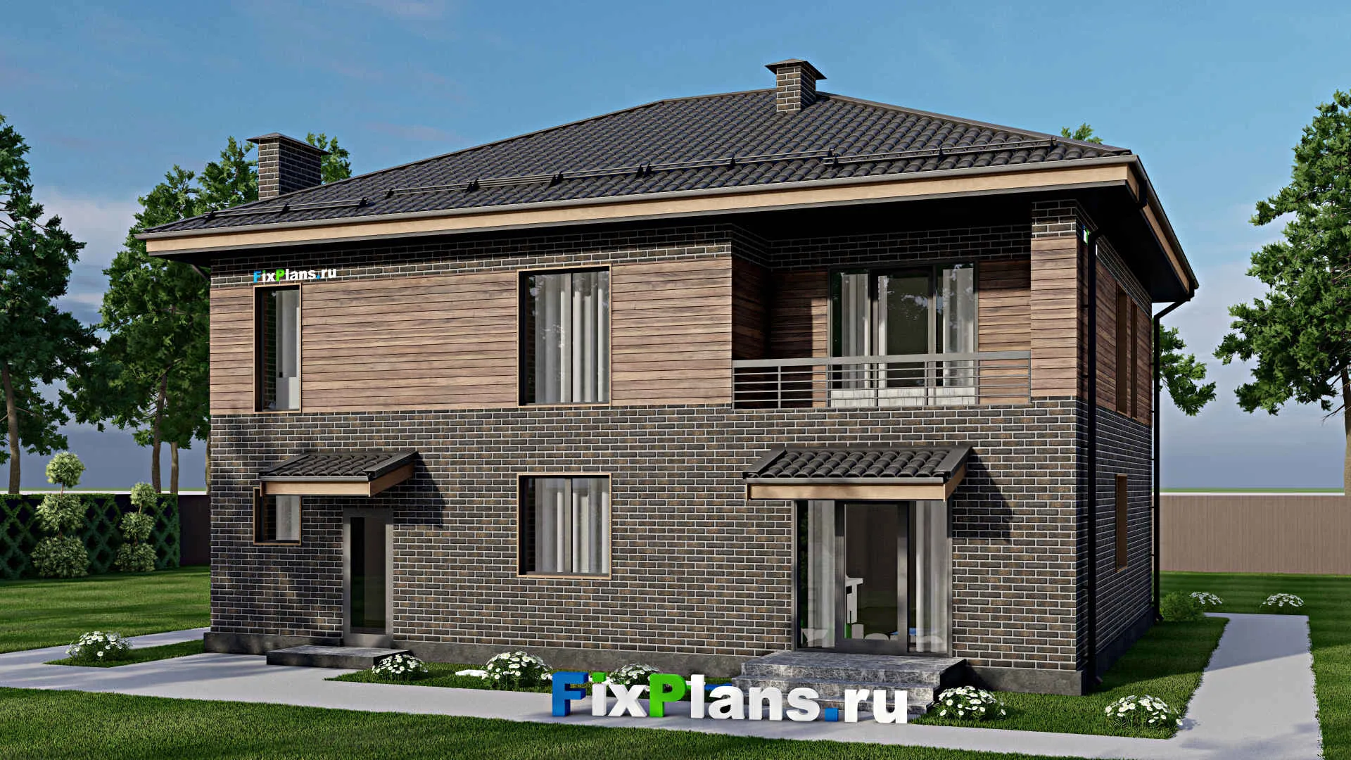 F-4742 - Планы двухэтажного дома 11 на 14, площадью 230 м² с балконом, гаражом на 1 машину и 4 спальнями