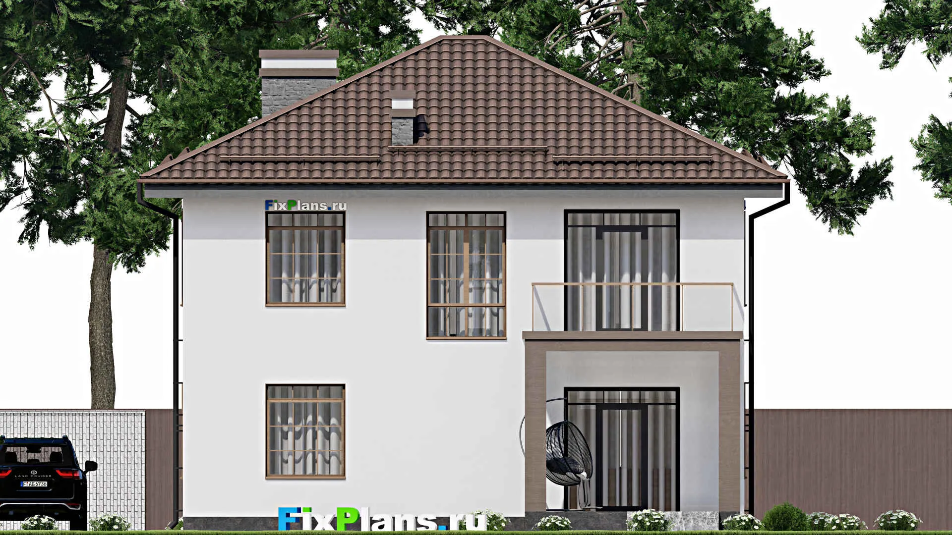 F-5624 - Планы двухэтажного дома 11 на 14, площадью 200 м² с террасой, балконом и 4 спальнями