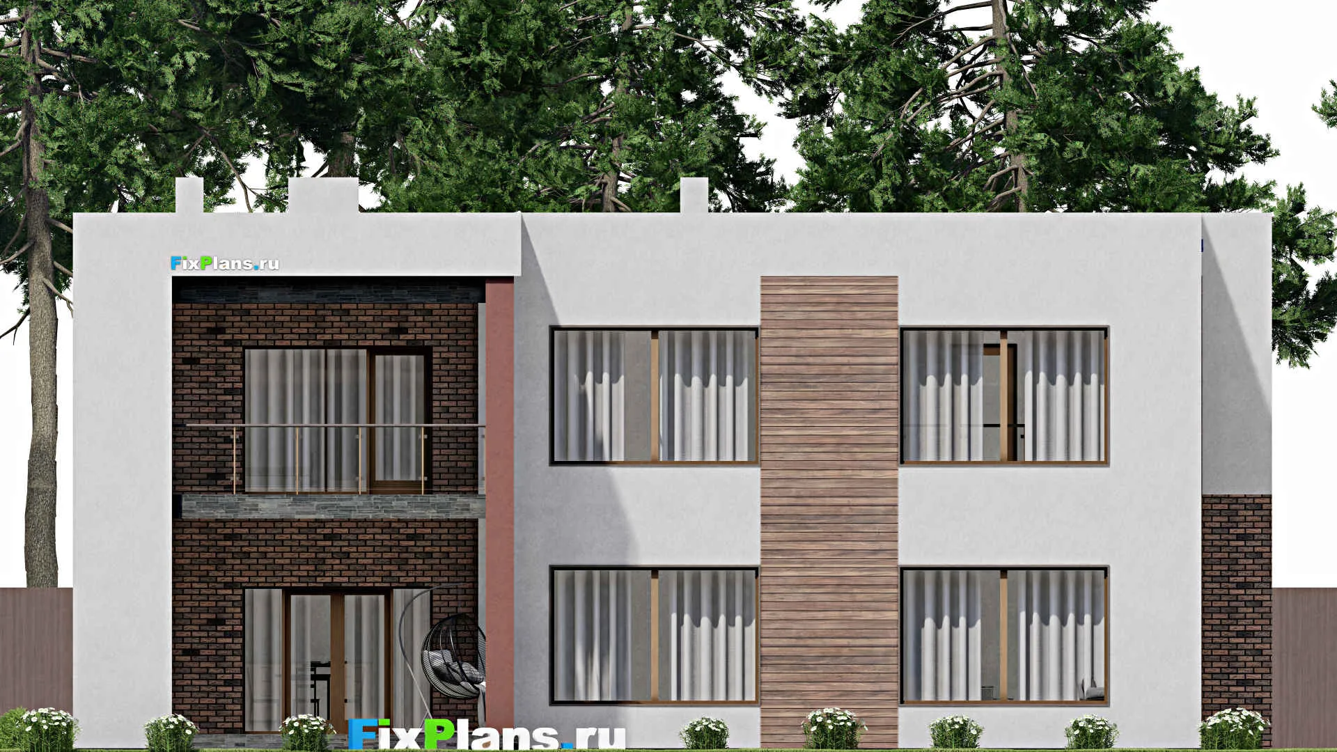 F-10808 - Проект двухэтажного дома 18 на 18, площадью 330 м² с террасой, балконом, гаражом на 2 машины и 3 спальнями