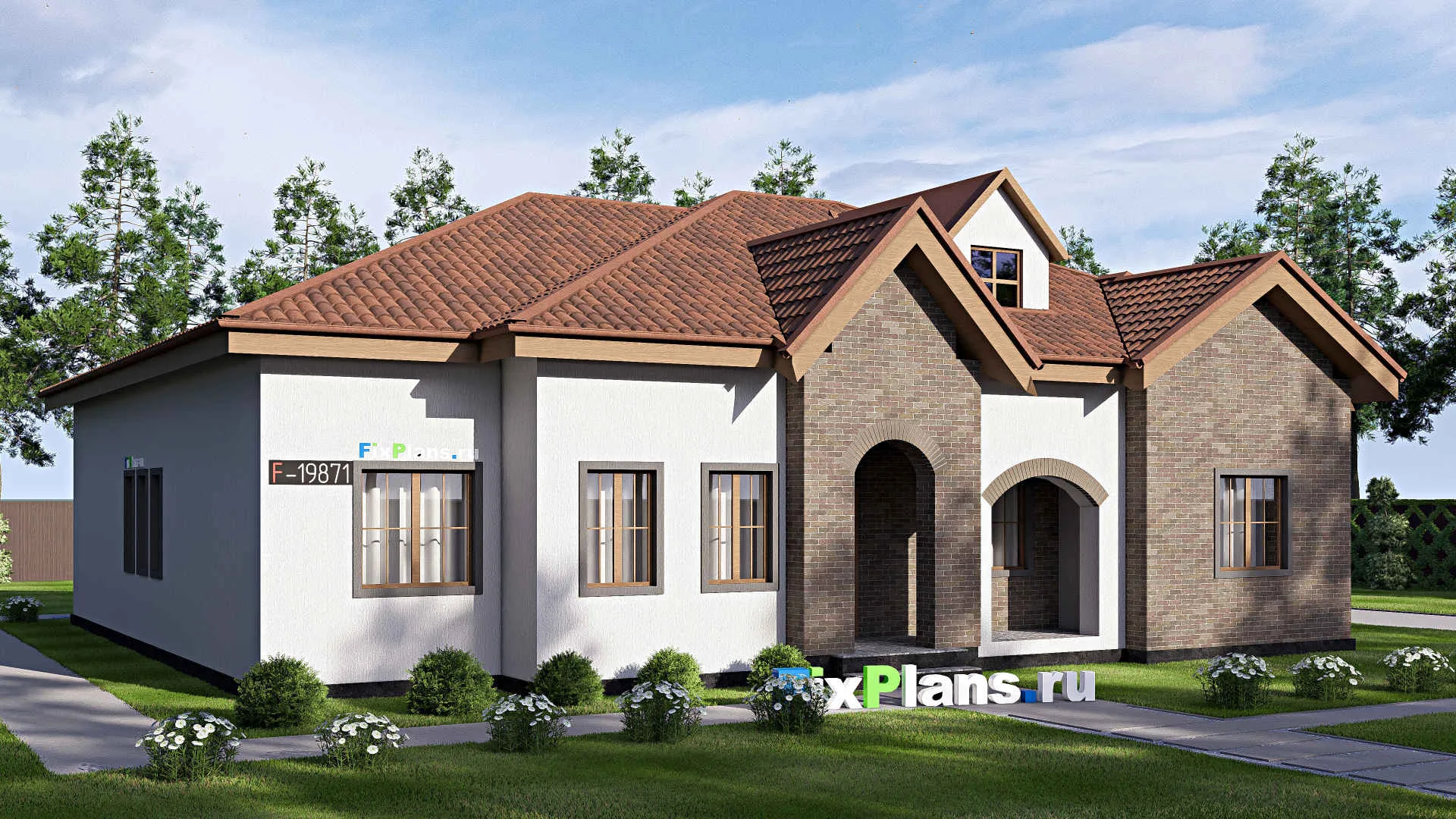 F-19871 - Проект одноэтажного дома 18 на 20, площадью 250 м² с террасой, гаражом на 2 машины и 3 спальнями