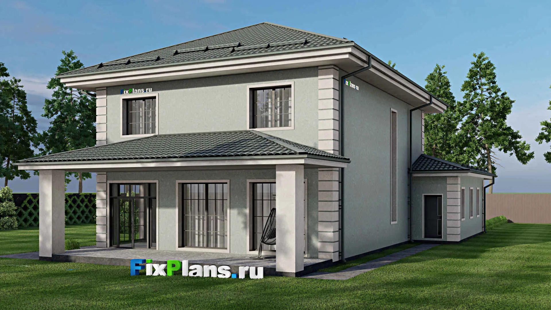 F-2258 - Планы двухэтажного дома 13 на 20, площадью 240 м² с террасой, гаражом на 2 машины и 3 спальнями