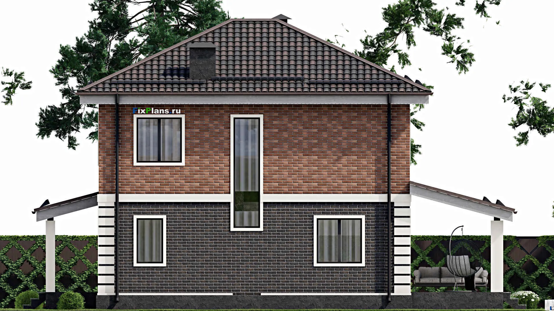 F-6191 - Проект двухэтажного дома 9 на 10, площадью 210 м² с террасой, цокольным этажом и 3 спальнями