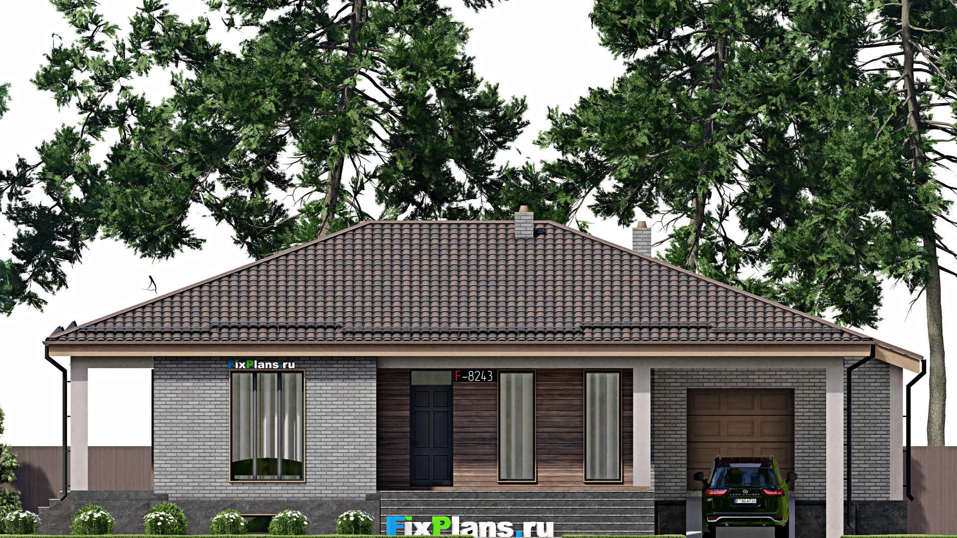 F-8243 - Проект одноэтажного дома 14 на 20, площадью 290 м² с террасой, цокольным этажом, гаражом на 1 машину и 3 спальнями