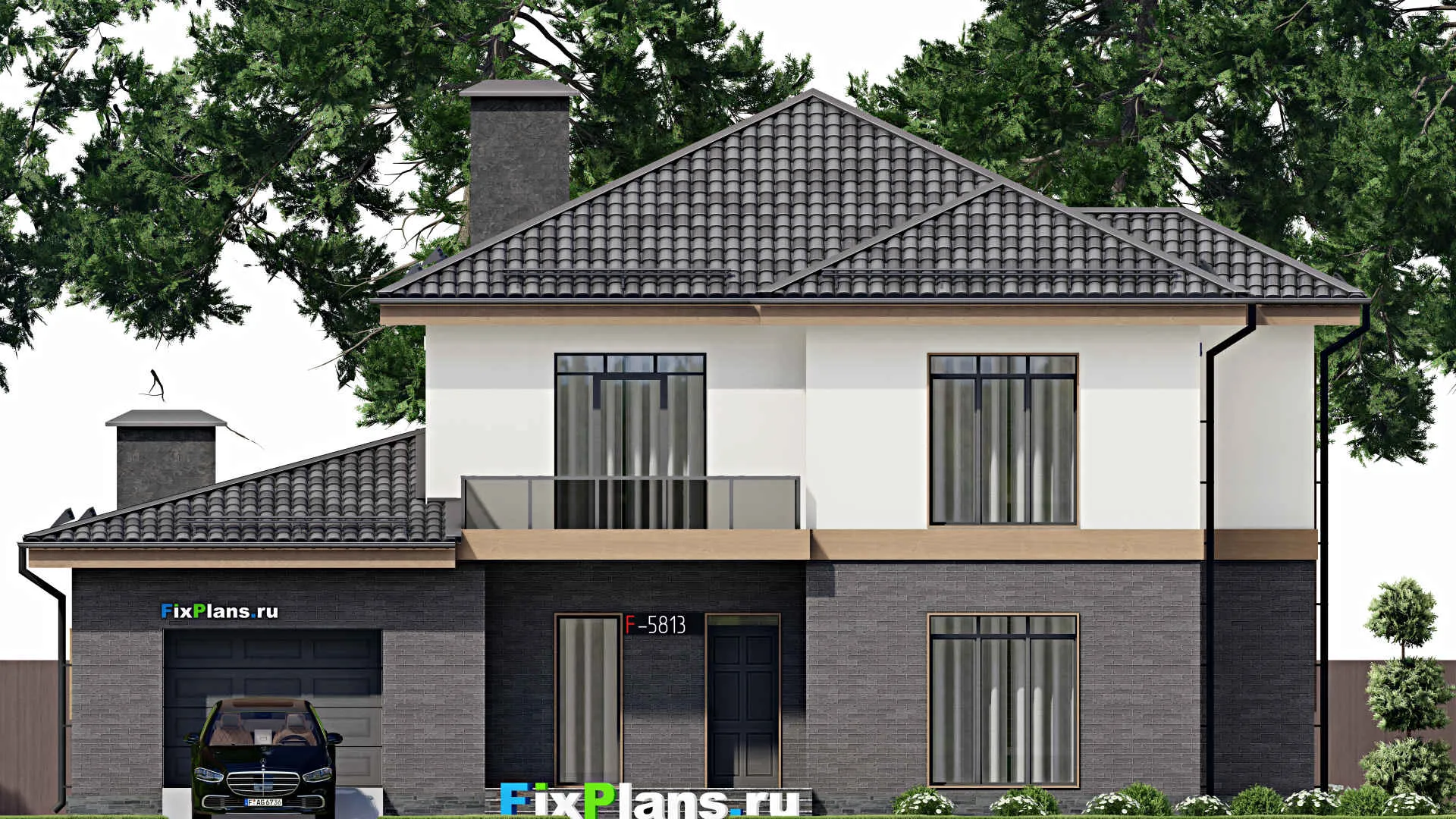 F-5813 - Проект двухэтажного дома 13 на 15, площадью 270 м² с террасой, балконом, гаражом на 2 машины и 5 спальнями