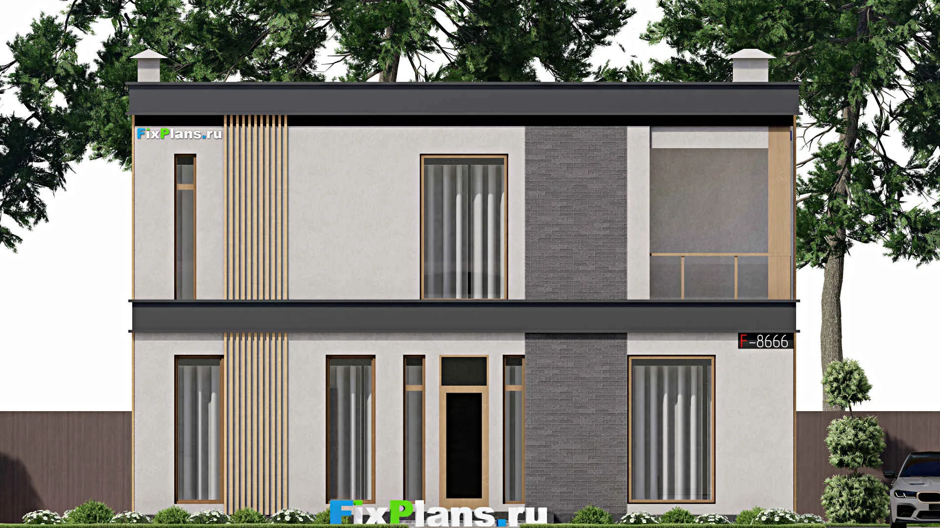 F-8666 - Проект двухэтажного дома 12 на 12, площадью 230 м² с террасой, балконом и 4 спальнями