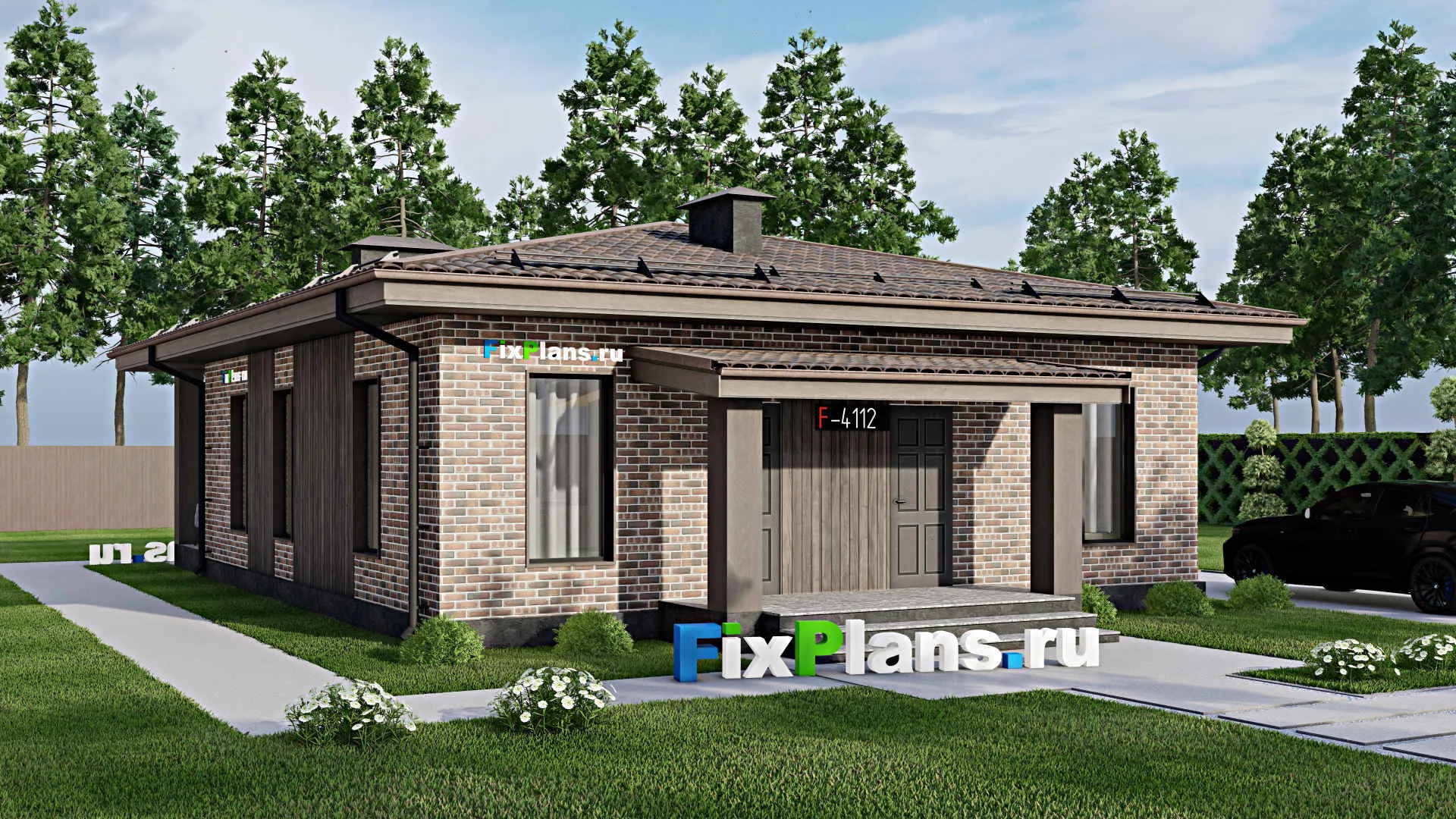 F-4112 - Проект одноэтажного дома 11 на 11, площадью 130 м² с террасой и 3 спальнями