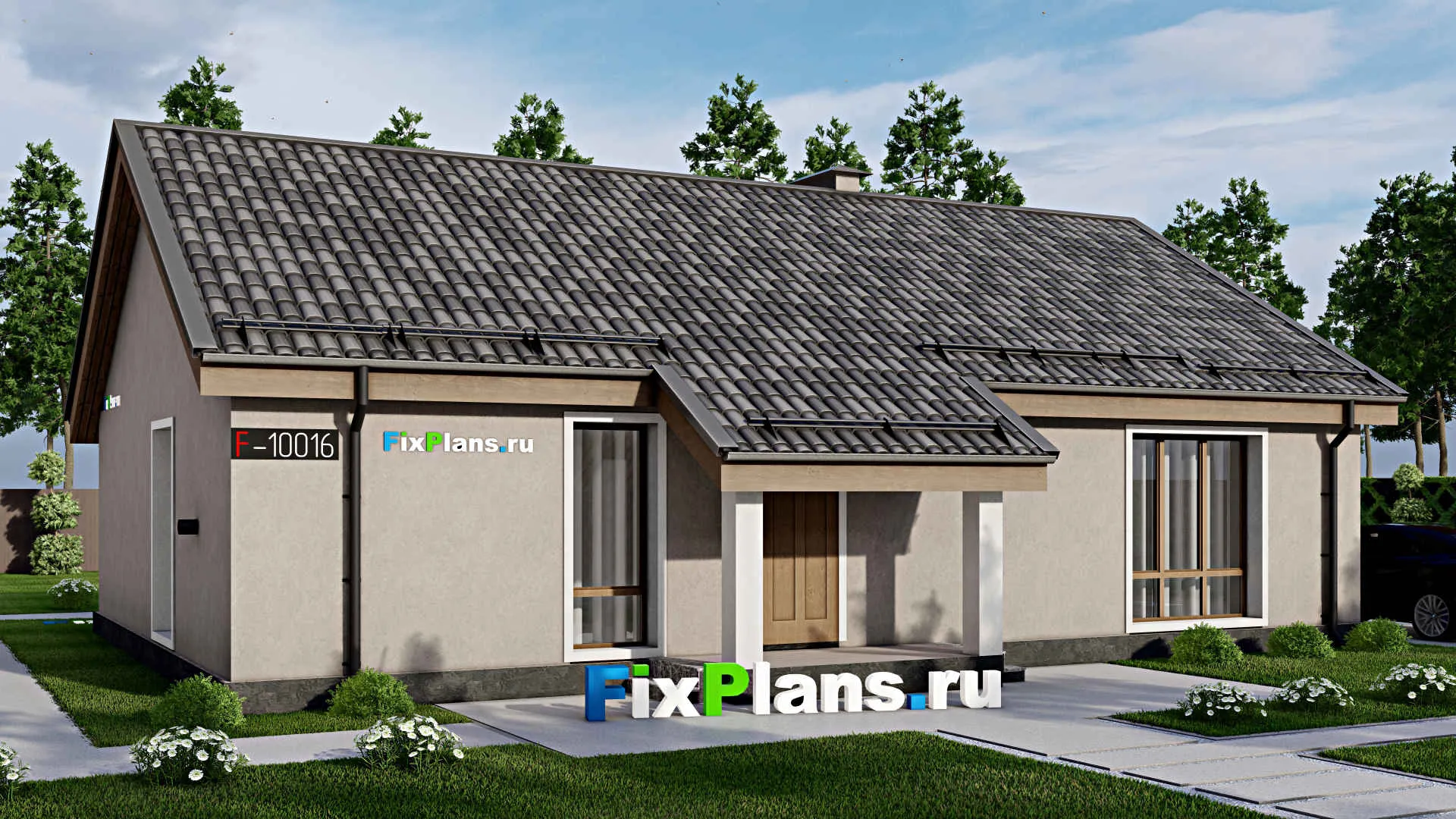 F-10016 - Проект одноэтажного дома 14 на 15, площадью 130 м² с террасой и 3 спальнями