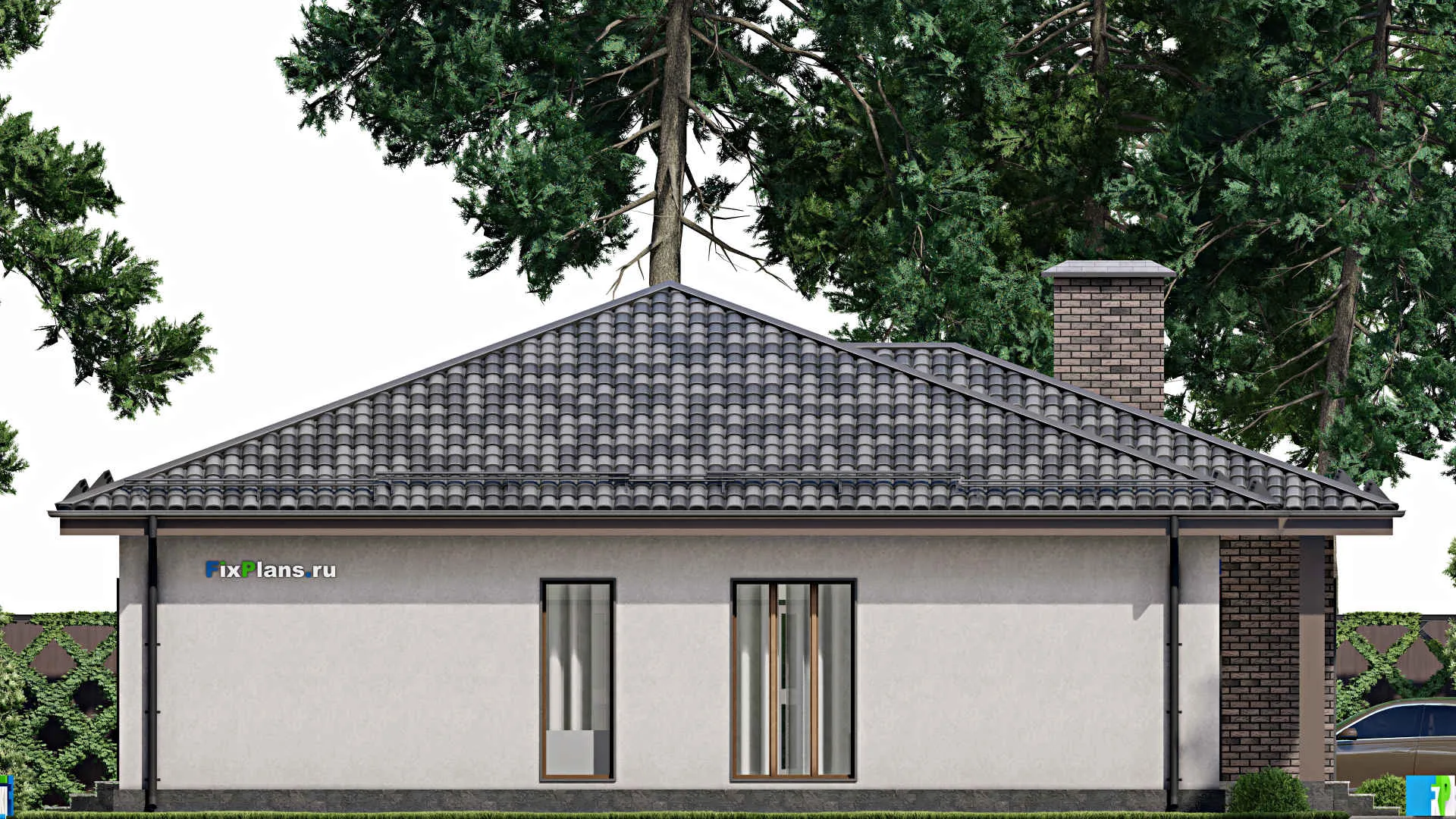 F-7991 - Проект одноэтажного дома 15 на 15, площадью 170 м² с террасой и 3 спальнями