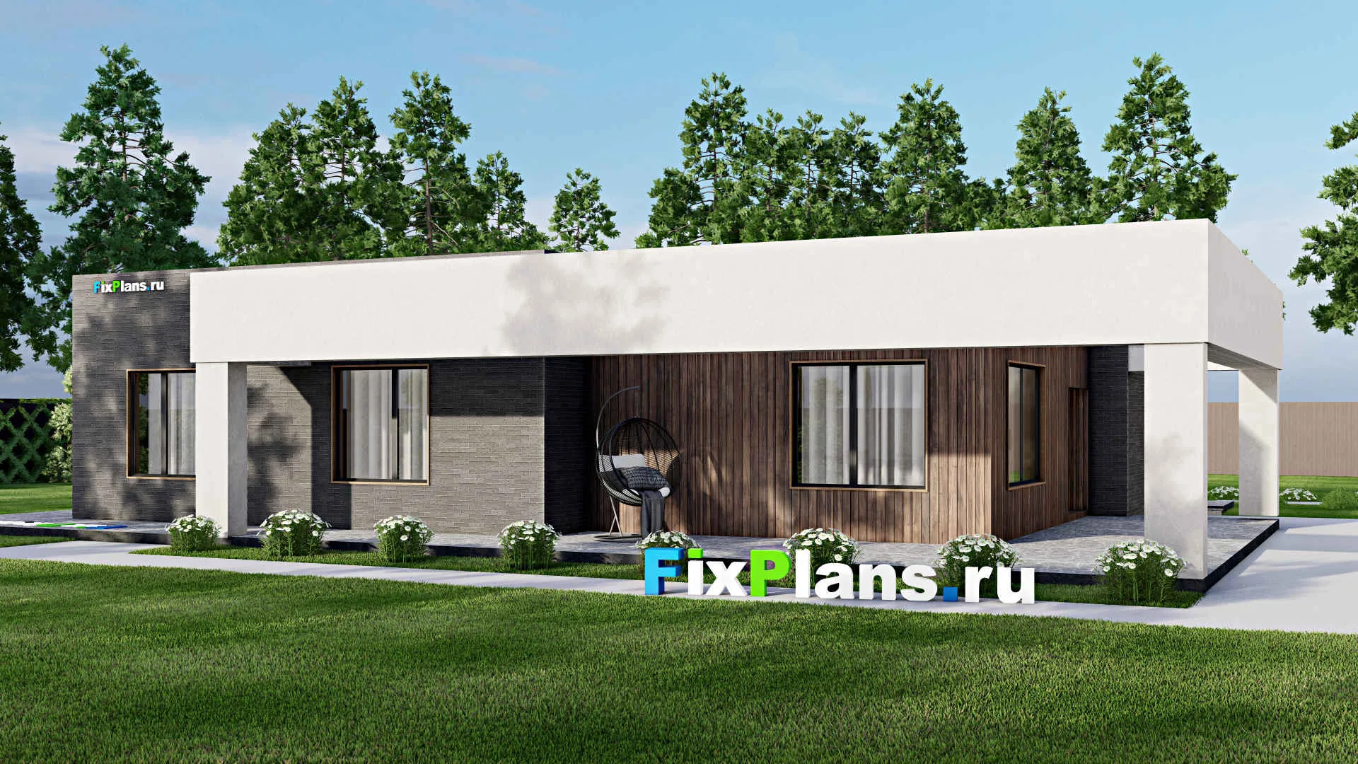 F-7082 - Проект одноэтажного дома 17 на 21, площадью 280 м² с террасой и 4 спальнями