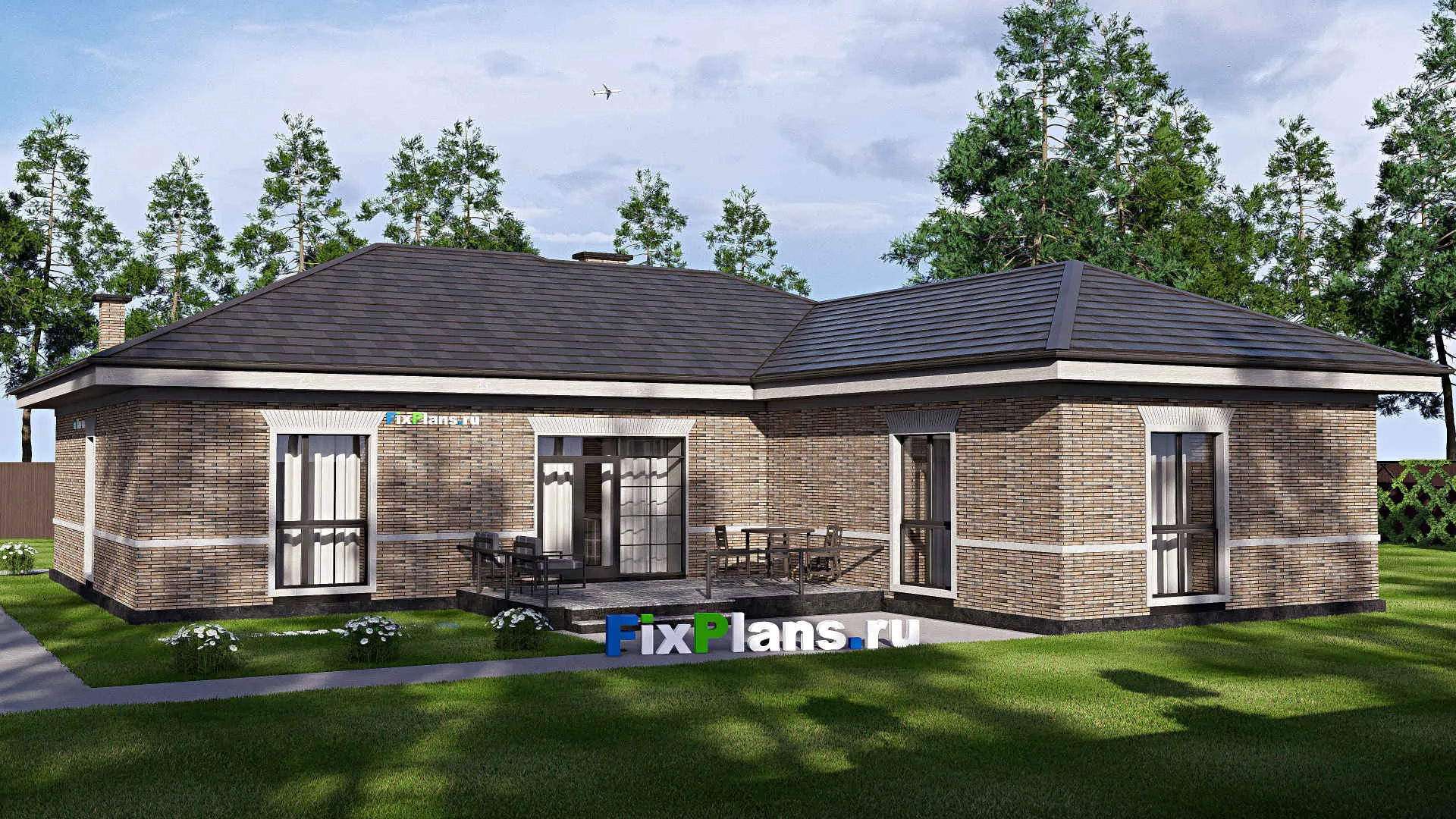 F-19619 - План одноэтажного дома 17 на 19, площадью 200 м² с террасой и 3 спальнями