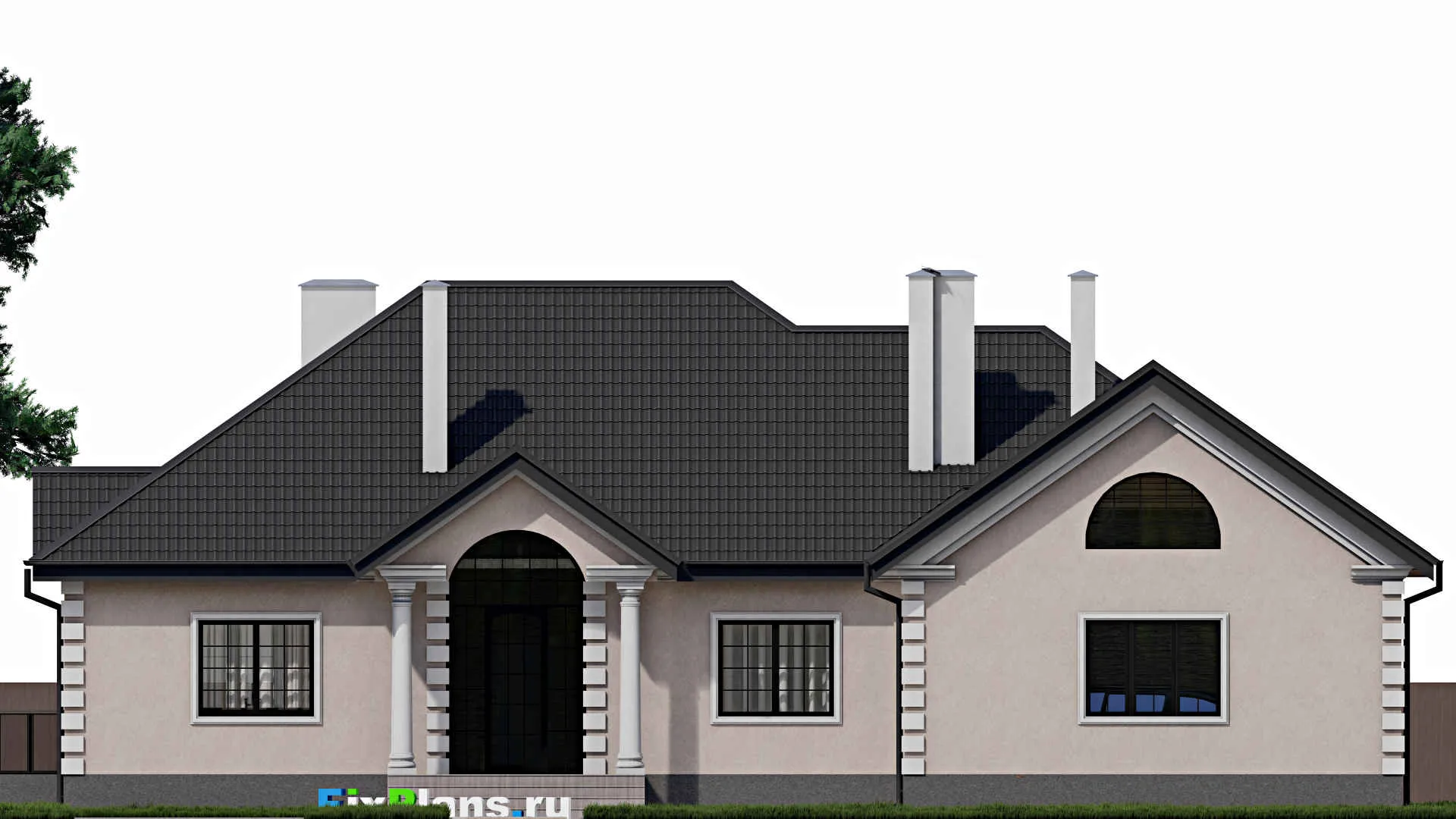 F-0179 - Проект одноэтажного дома 18 на 21, площадью 280 м² с террасой, гаражом на 2 машины и 1 спальнями