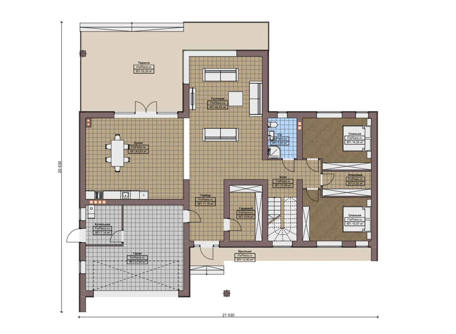 F-11843 - Планы двухэтажного дома 21 на 22, площадью 530 м² с террасой, балконом, гаражом на 1 машину и 6 спальнями