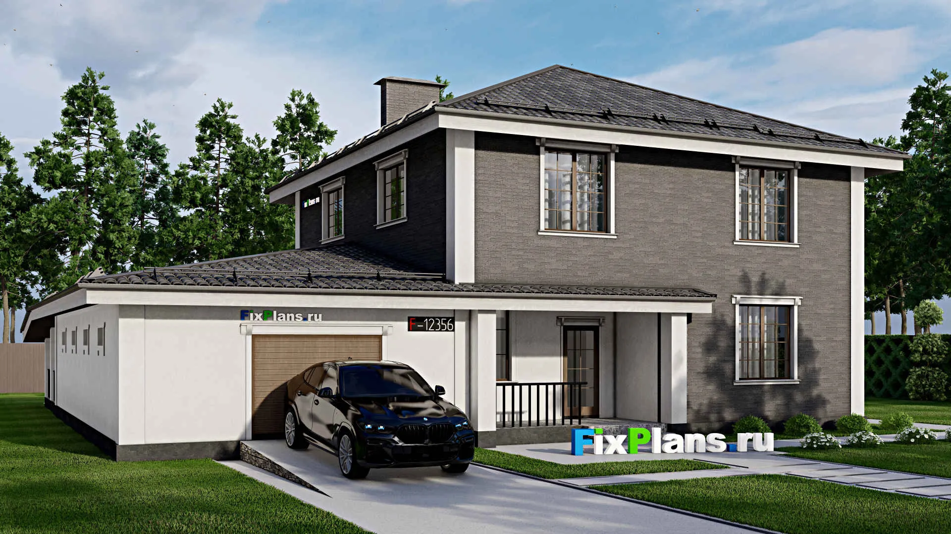 F-12356 - Проект двухэтажного дома 18 на 19, площадью 320 м² с террасой, гаражом на 2 машины и 3 спальнями