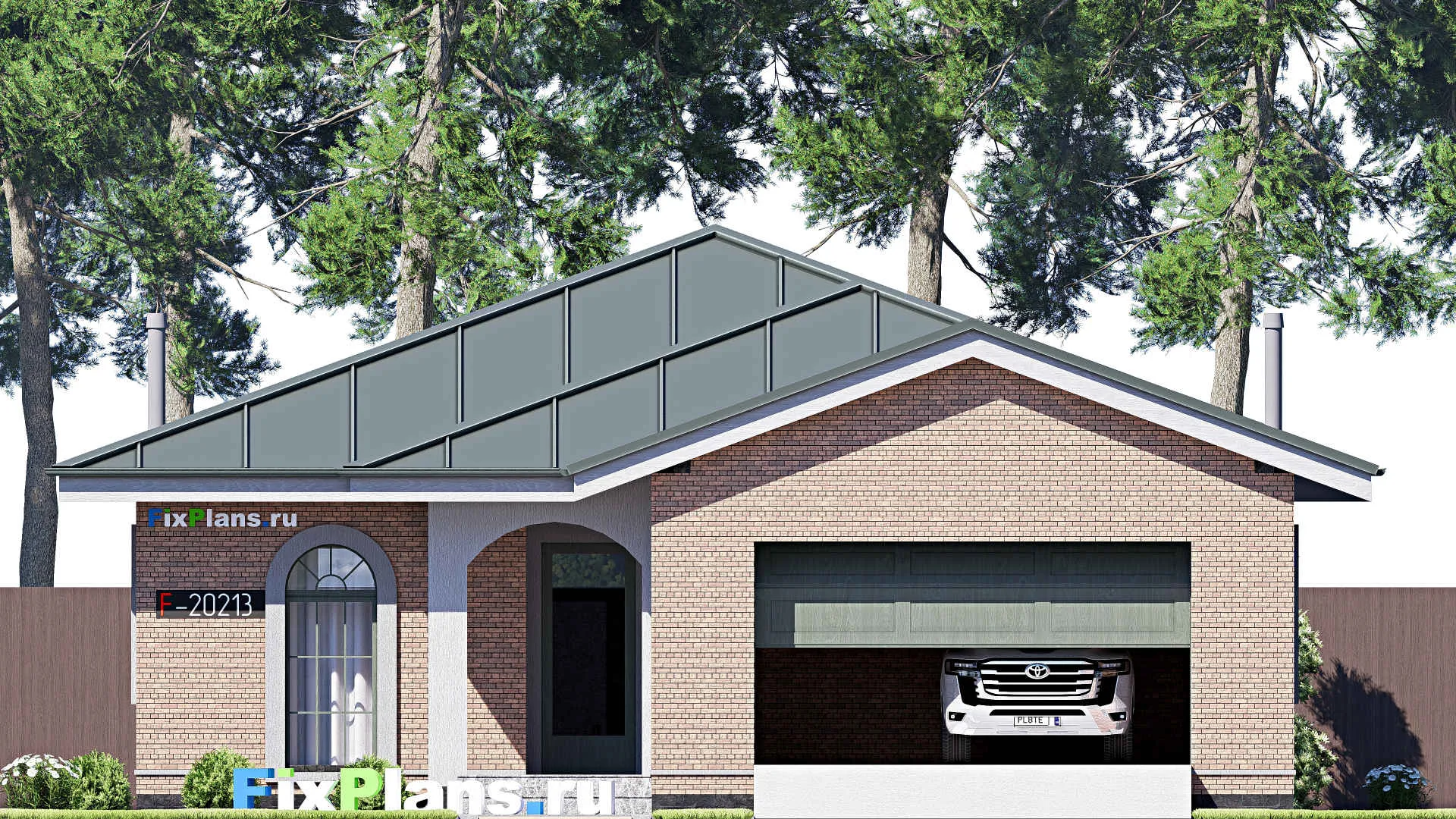 F-20213 - План одноэтажного дома 12 на 21, площадью 200 м² с террасой, гаражом на 2 машины и 3 спальнями